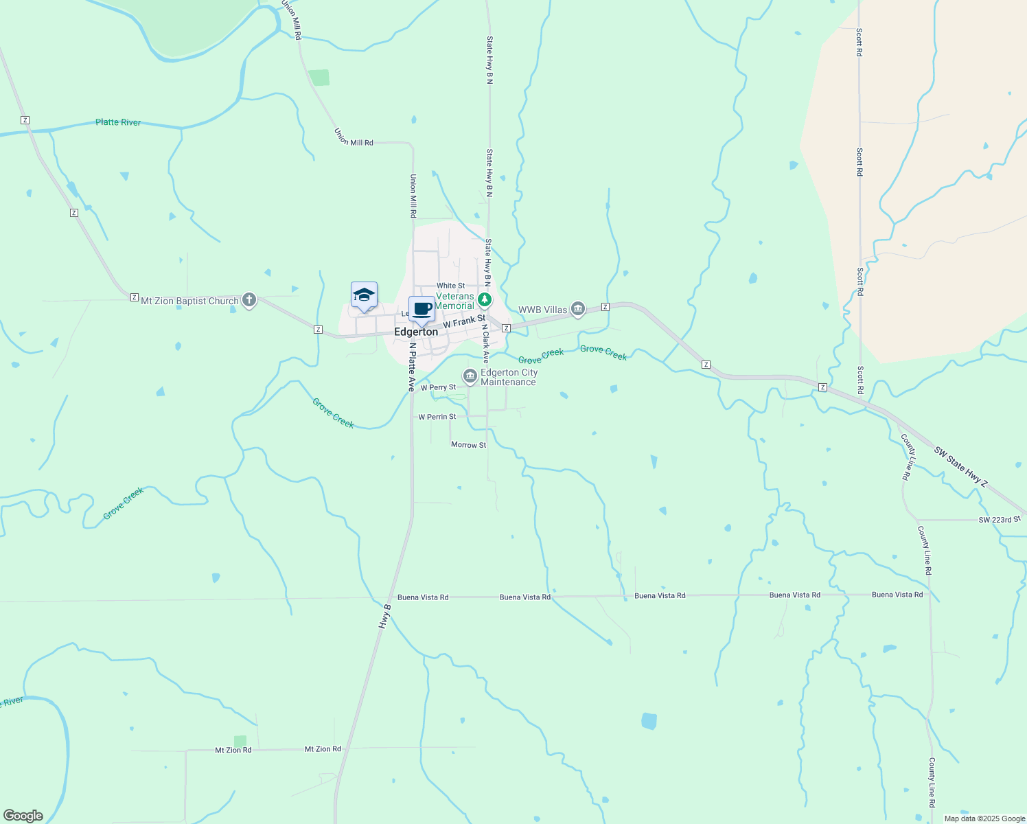 map of restaurants, bars, coffee shops, grocery stores, and more near 87 E Perrin St in Edgerton
