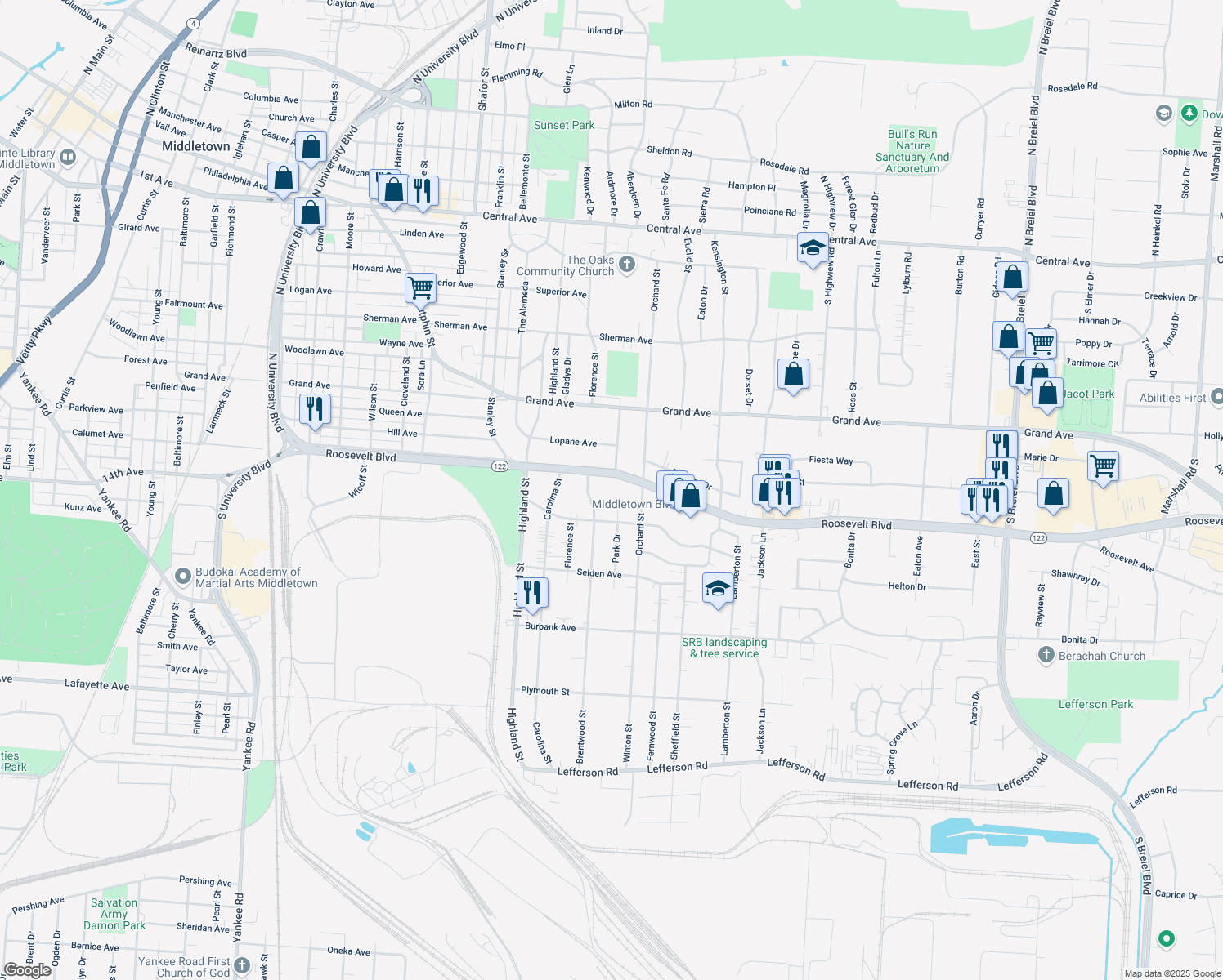 map of restaurants, bars, coffee shops, grocery stores, and more near 1300 Park Dr in Middletown