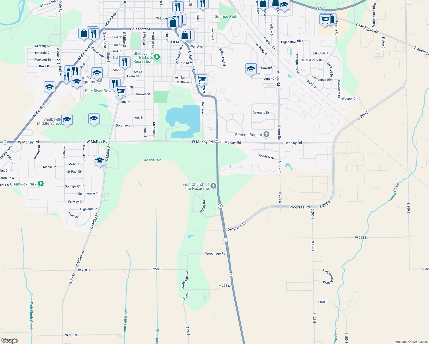 map of restaurants, bars, coffee shops, grocery stores, and more near 2236 Graham Drive South in Shelbyville