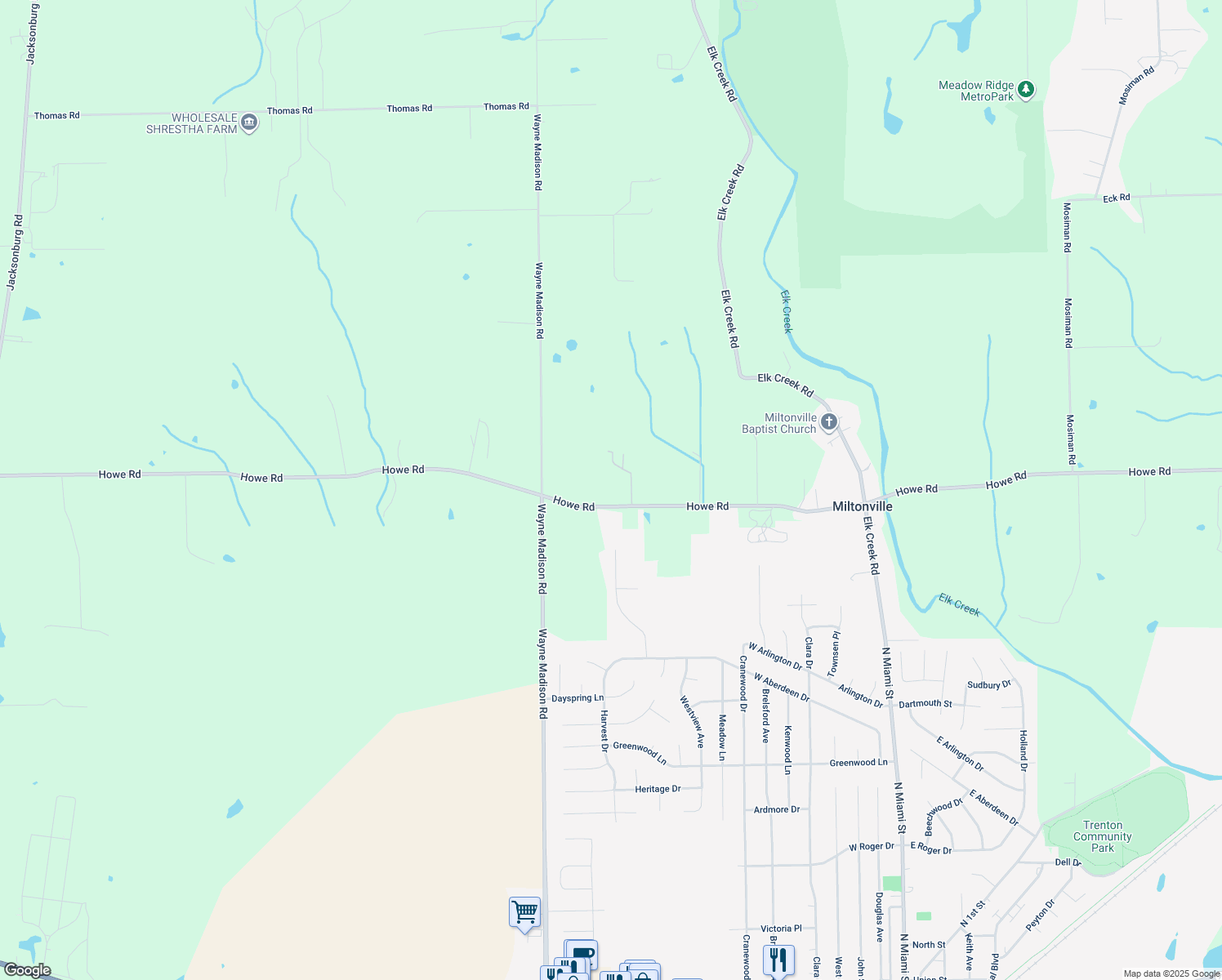 map of restaurants, bars, coffee shops, grocery stores, and more near 5470 Howe Rd in Trenton