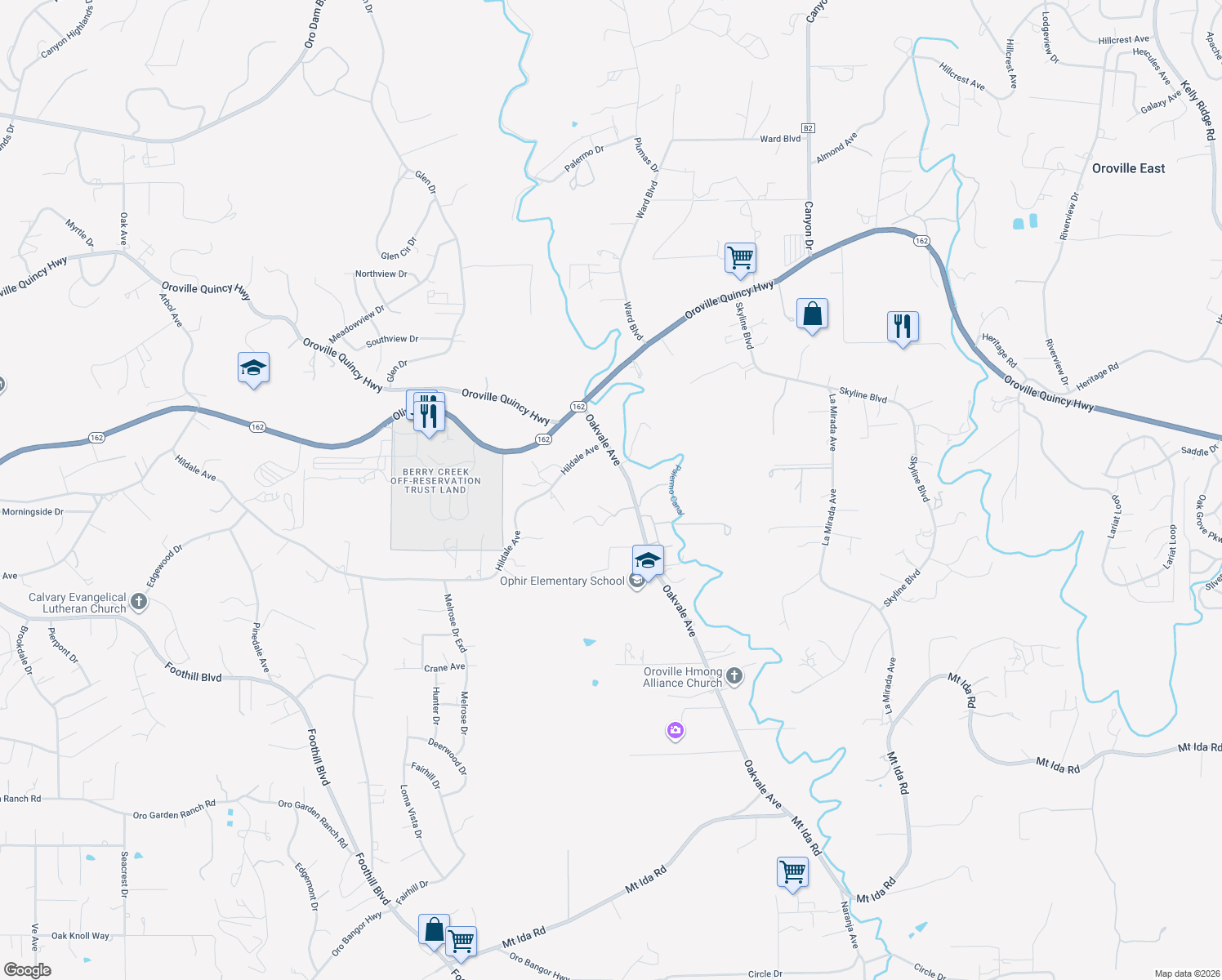 map of restaurants, bars, coffee shops, grocery stores, and more near 21 Castle Creek Drive in Oroville