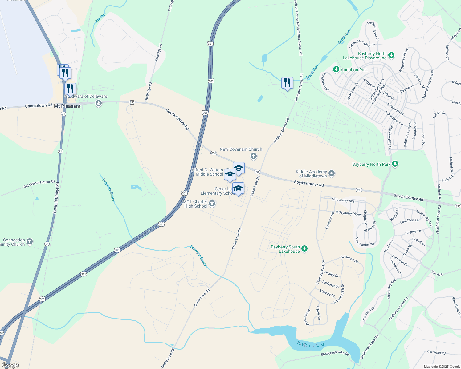 map of restaurants, bars, coffee shops, grocery stores, and more near 1235 Cedar Lane Road in Middletown