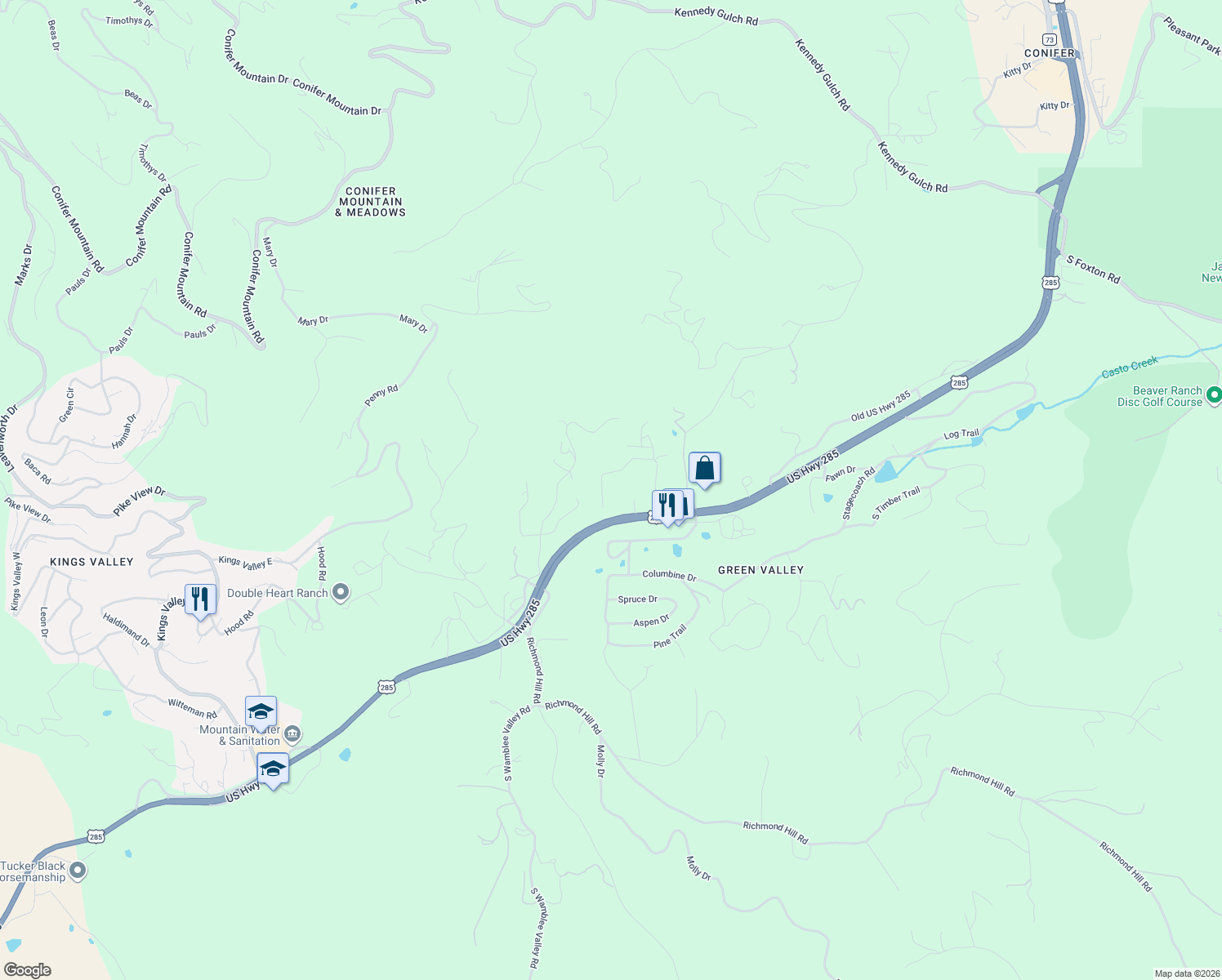 map of restaurants, bars, coffee shops, grocery stores, and more near 28730 Mountain View Road in Conifer