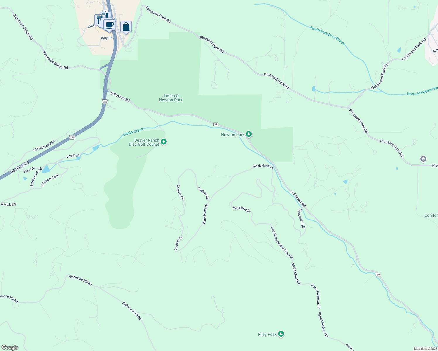 map of restaurants, bars, coffee shops, grocery stores, and more near 11789 Black Hawk Drive in Conifer