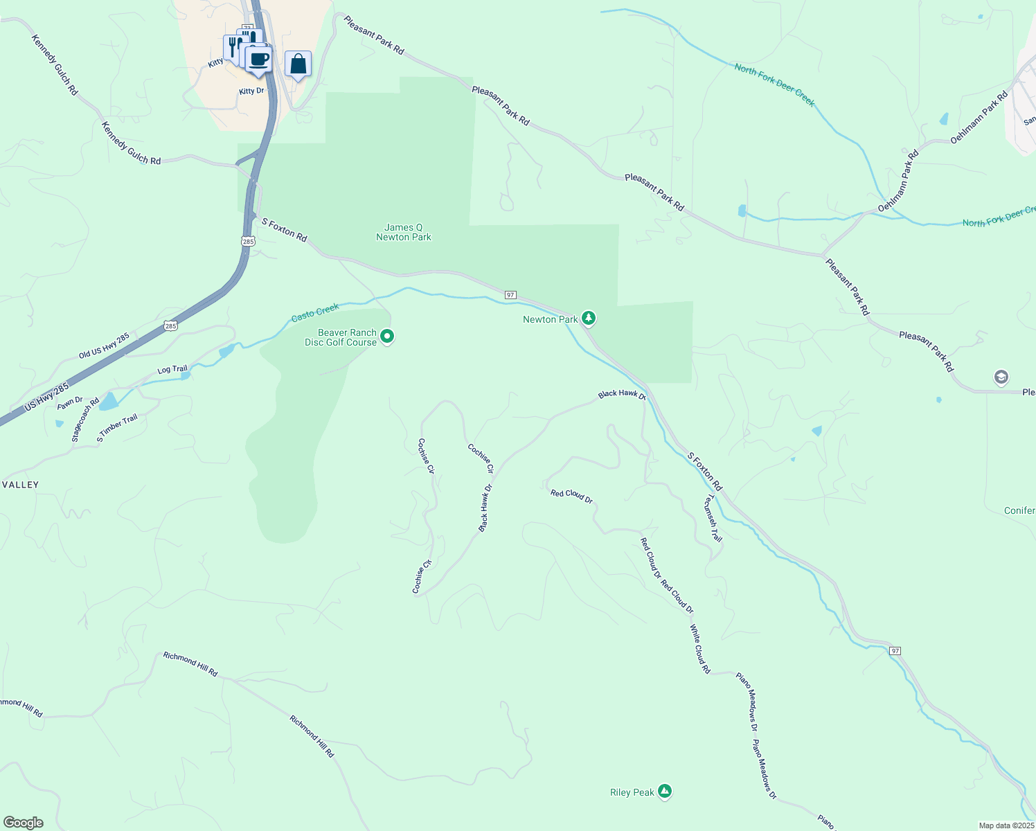 map of restaurants, bars, coffee shops, grocery stores, and more near 11789 Black Hawk Drive in Conifer
