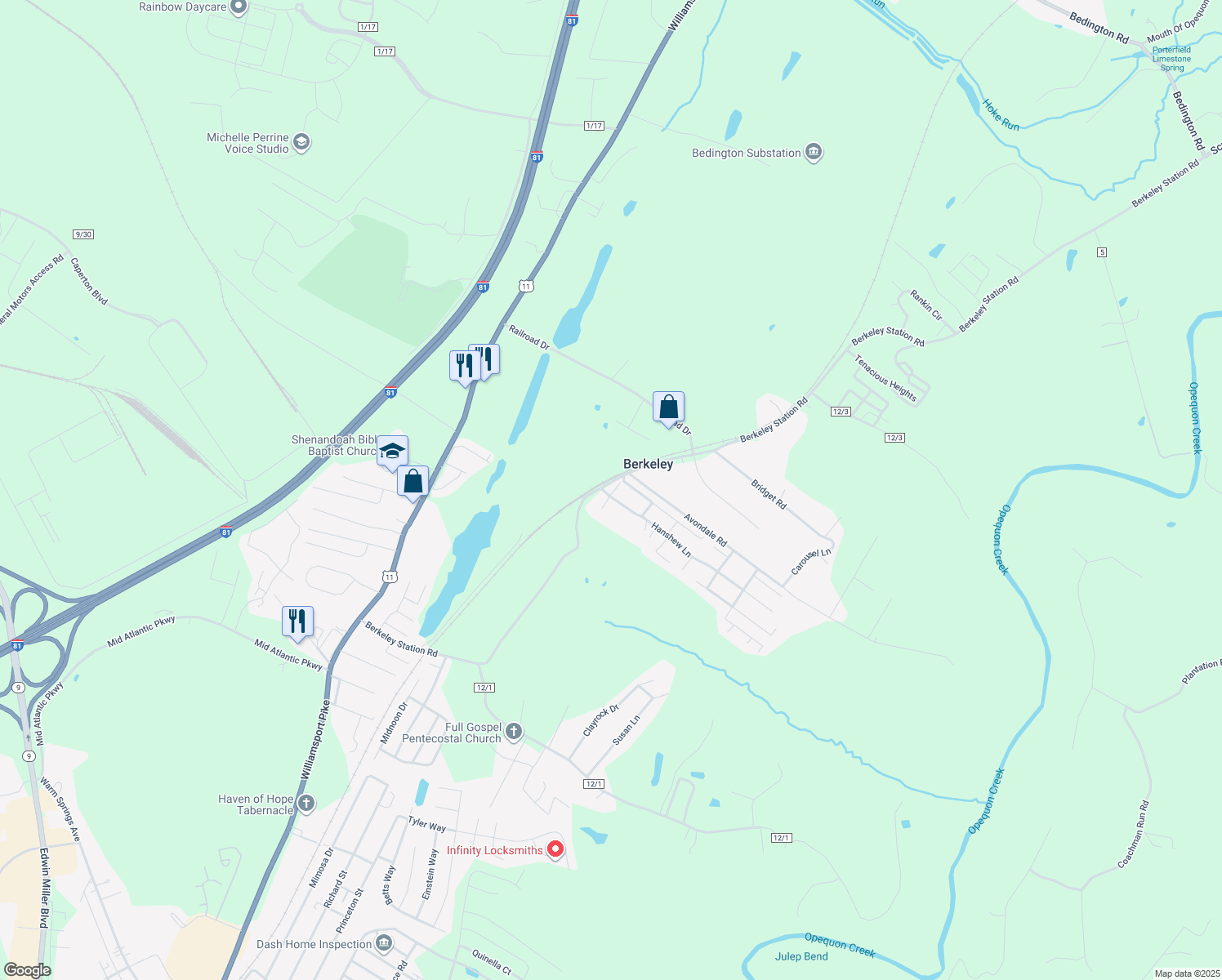 map of restaurants, bars, coffee shops, grocery stores, and more near 194 Amos Dr in Martinsburg