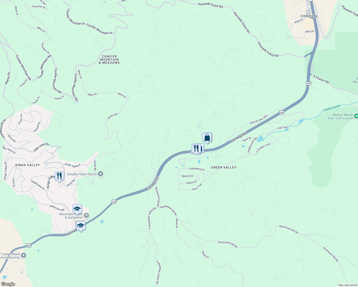 map of restaurants, bars, coffee shops, grocery stores, and more near 28730 Mountain View Road in Conifer