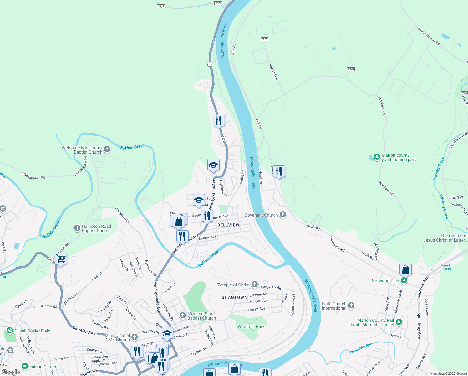 map of restaurants, bars, coffee shops, grocery stores, and more near Highland Drive in Fairmont