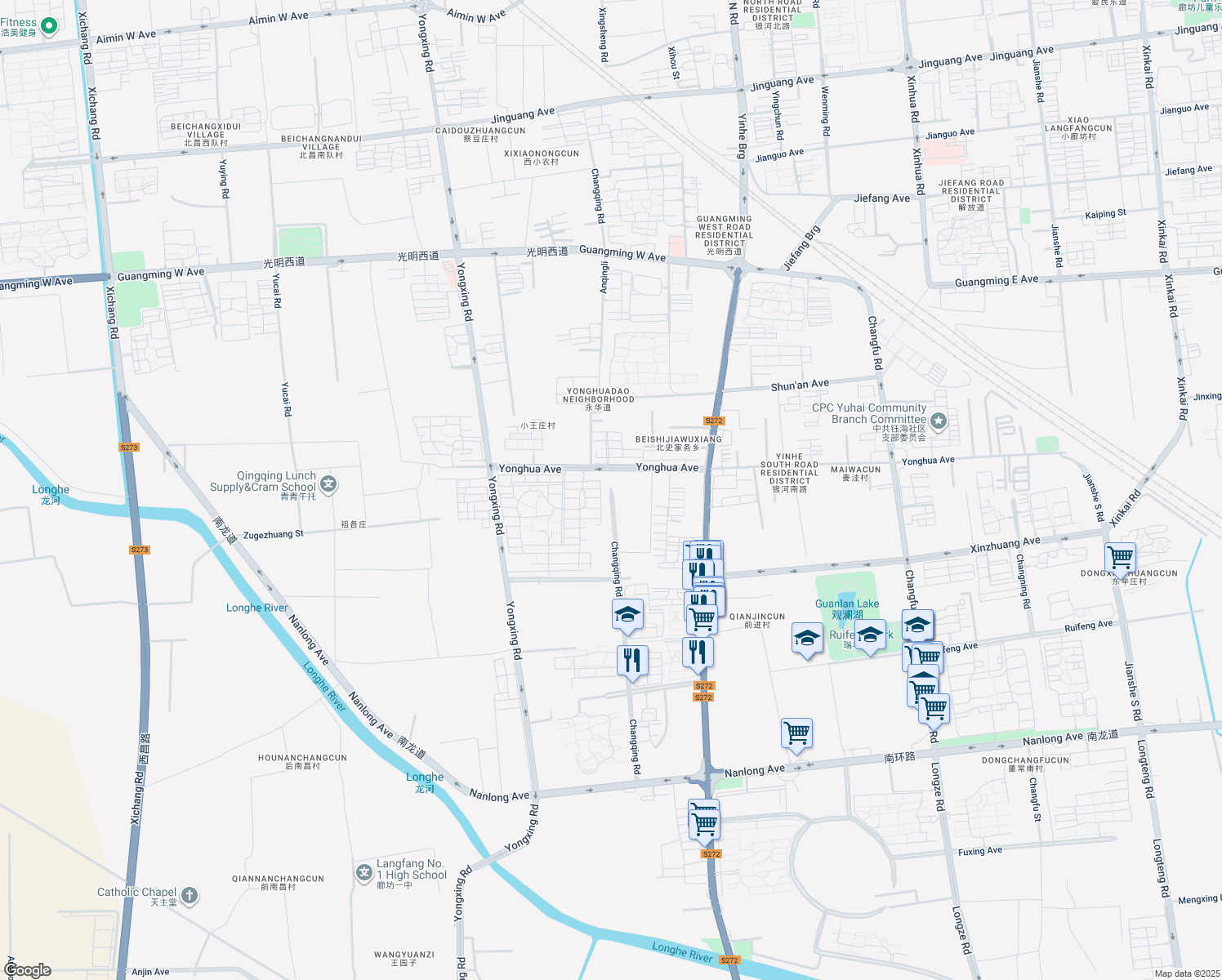 map of restaurants, bars, coffee shops, grocery stores, and more near Chang Qing Lu in Lang Fang Shi