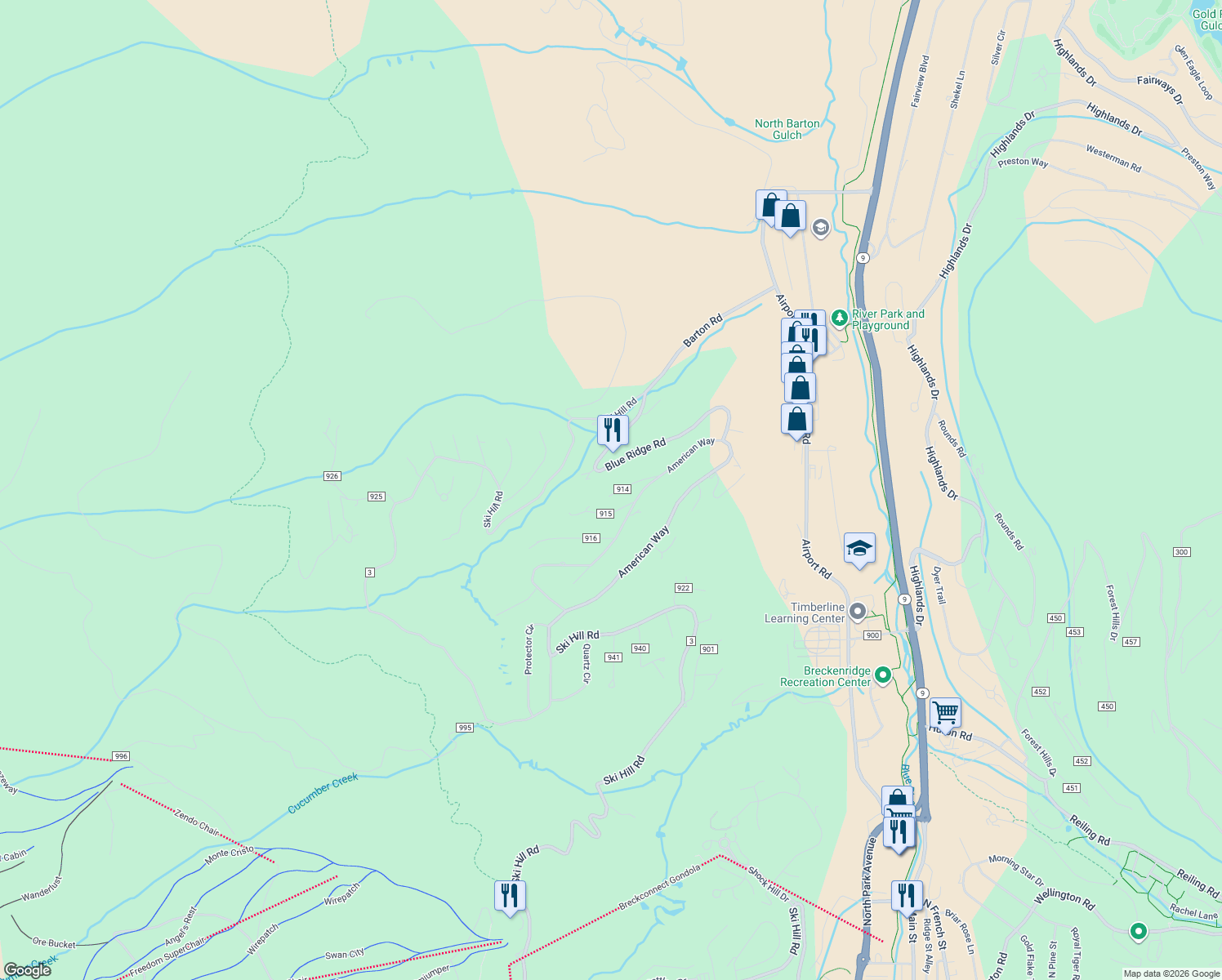 map of restaurants, bars, coffee shops, grocery stores, and more near 145 Shadows Drive in Breckenridge