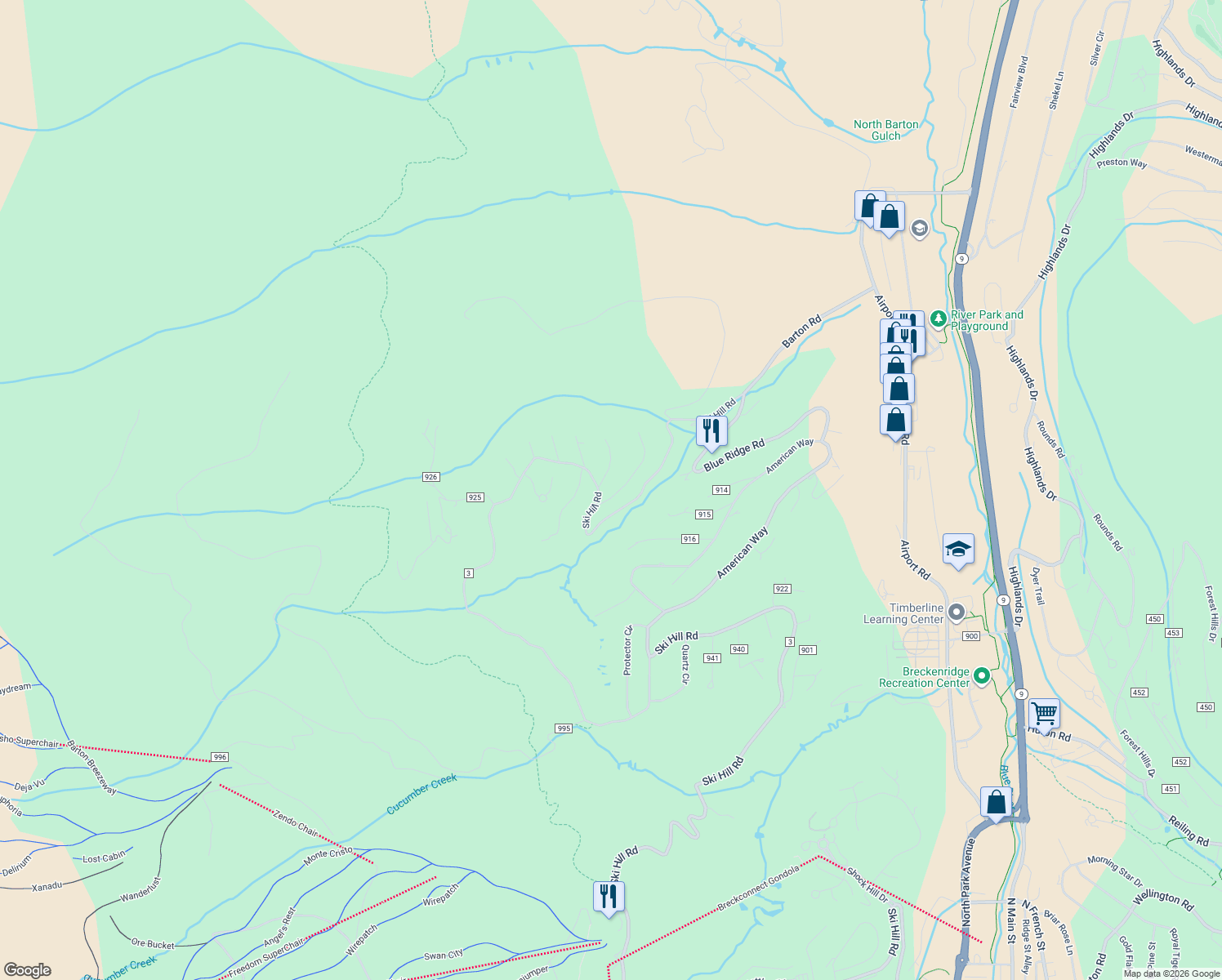 map of restaurants, bars, coffee shops, grocery stores, and more near 26 Independence Circle in Breckenridge