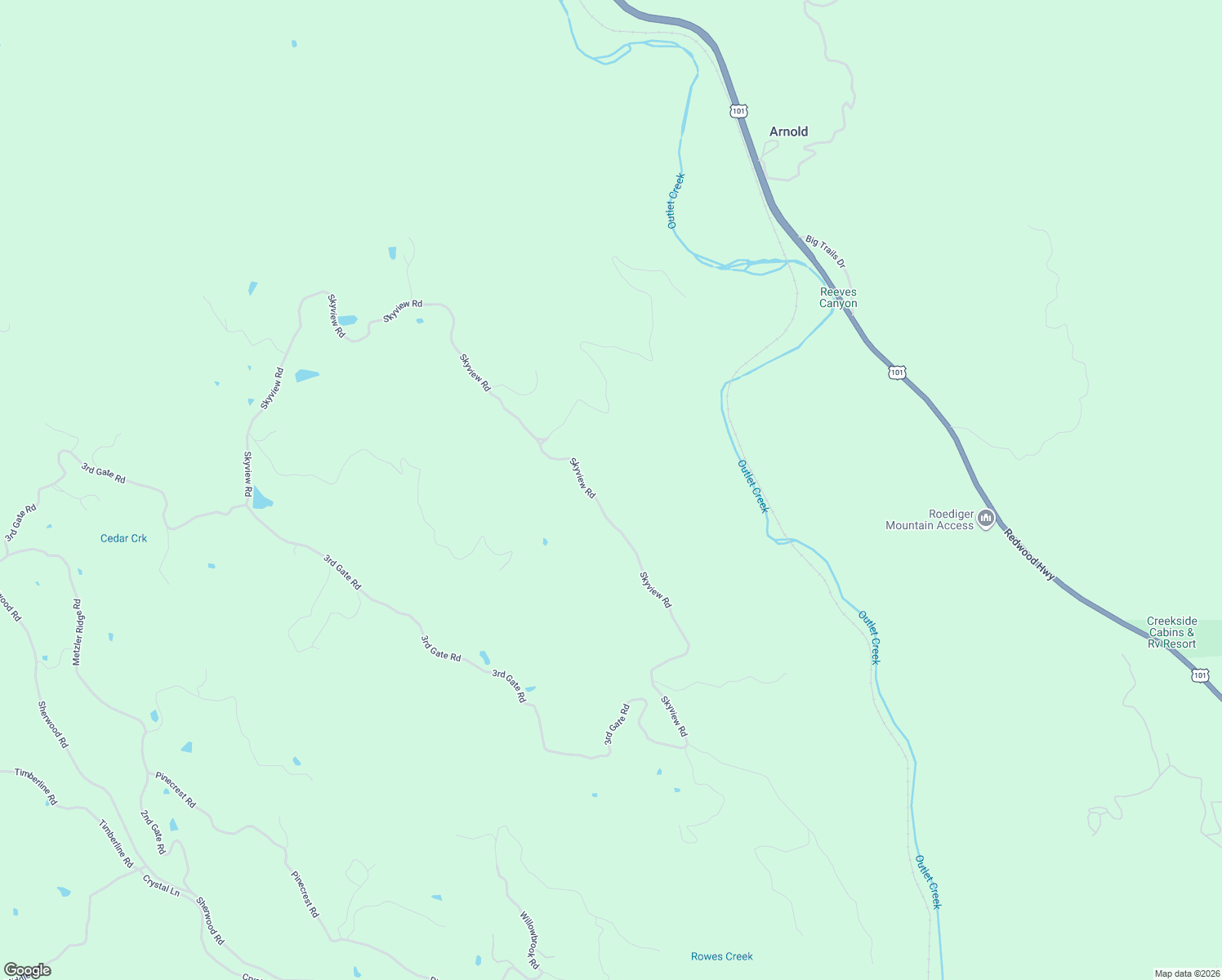 map of restaurants, bars, coffee shops, grocery stores, and more near 27651 Skyview Road in Willits