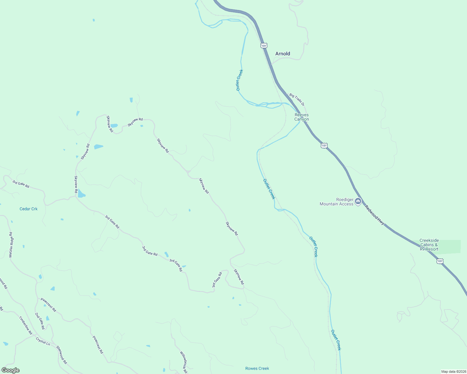 map of restaurants, bars, coffee shops, grocery stores, and more near 27651 Skyview Road in Willits
