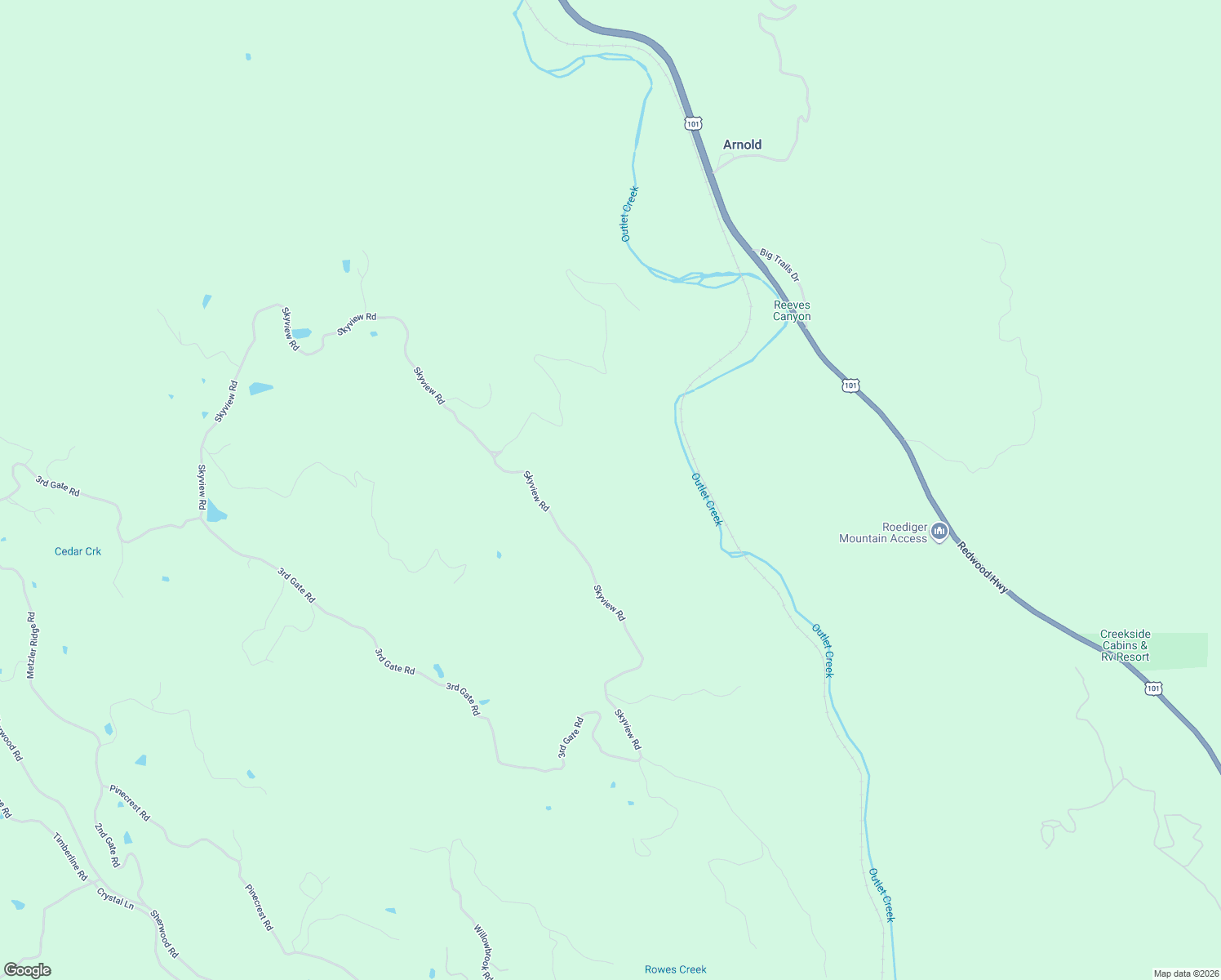 map of restaurants, bars, coffee shops, grocery stores, and more near 27651 Skyview Road in Willits