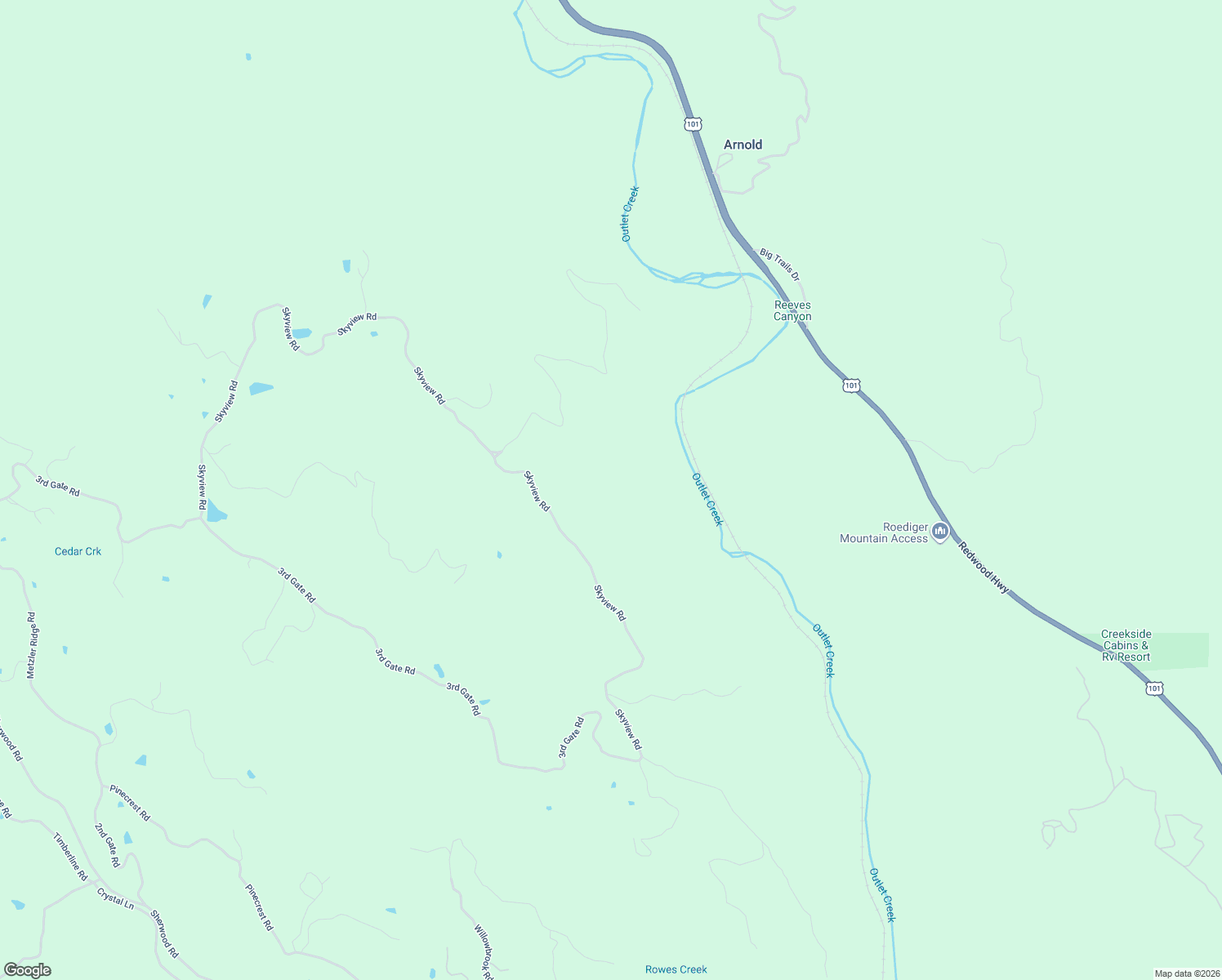 map of restaurants, bars, coffee shops, grocery stores, and more near 27651 Skyview Road in Willits