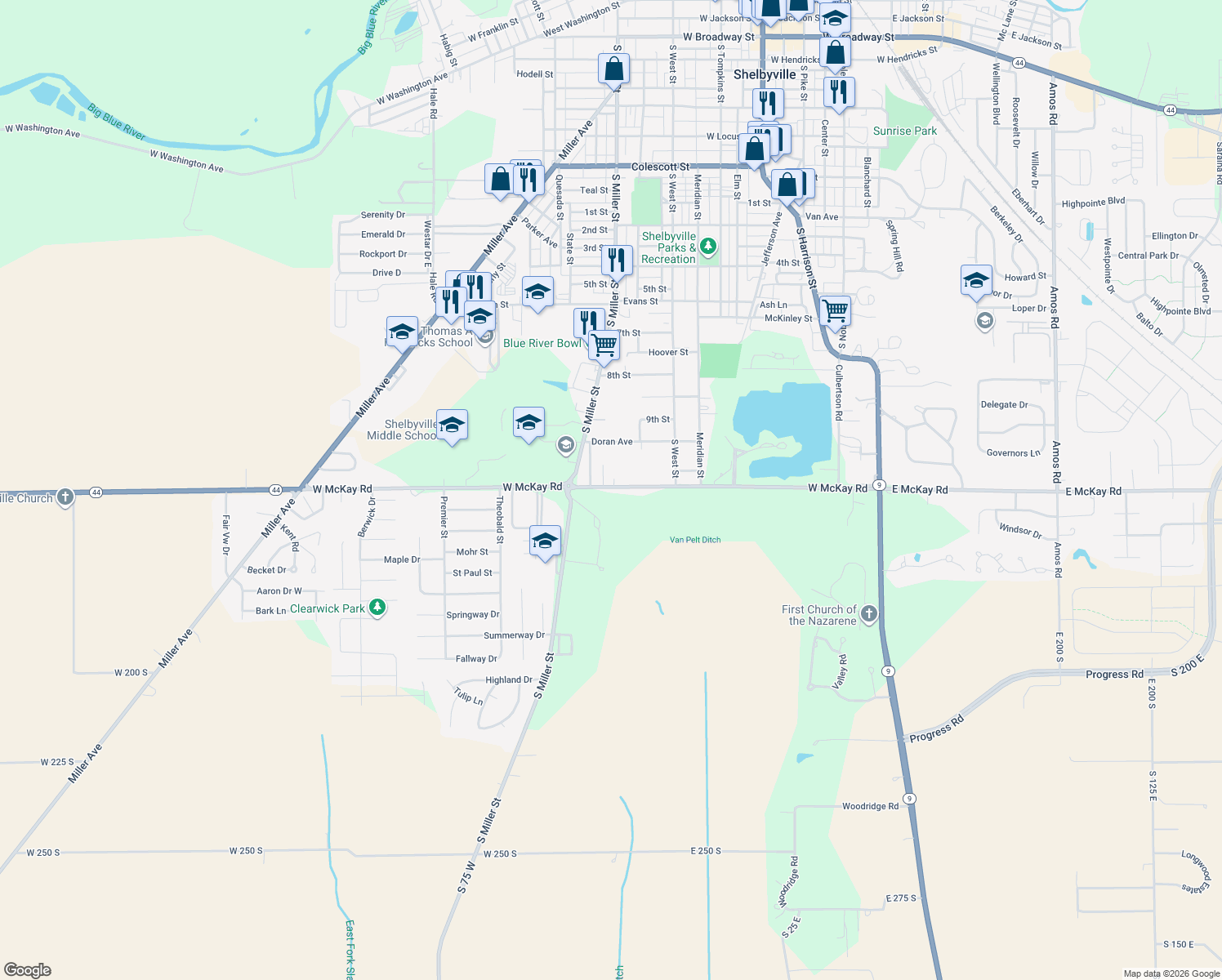 map of restaurants, bars, coffee shops, grocery stores, and more near 743 West McKay Road in Shelbyville
