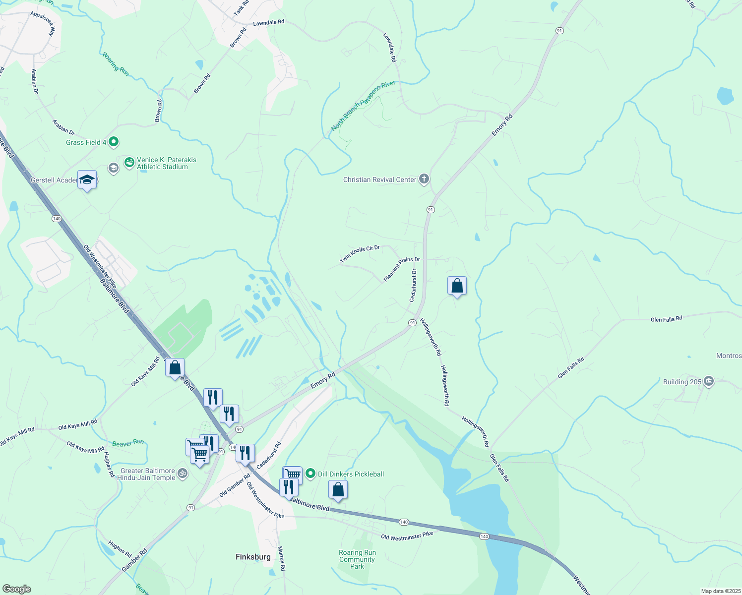 map of restaurants, bars, coffee shops, grocery stores, and more near 3505 Pleasant Plains Drive in Reisterstown