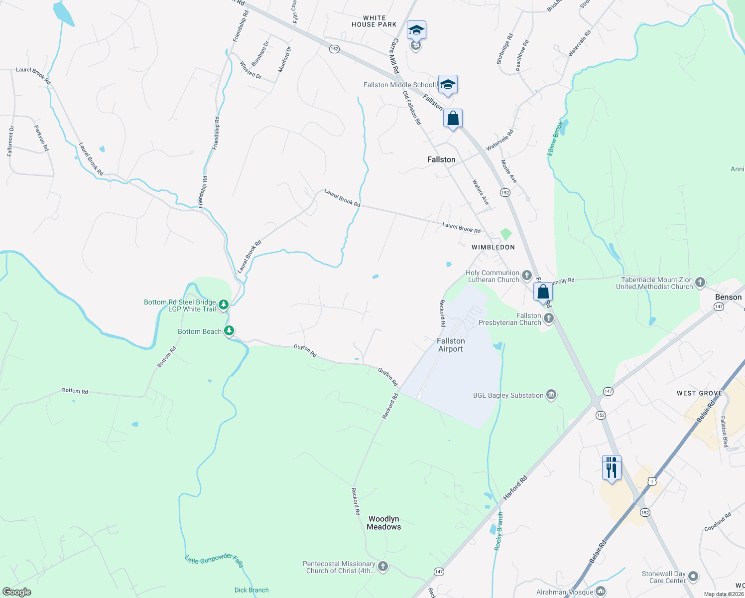 map of restaurants, bars, coffee shops, grocery stores, and more near 713 Sharps Court in Fallston