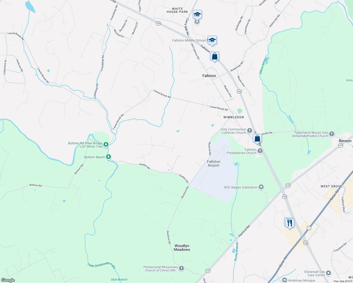 map of restaurants, bars, coffee shops, grocery stores, and more near 713 Sharps Court in Fallston