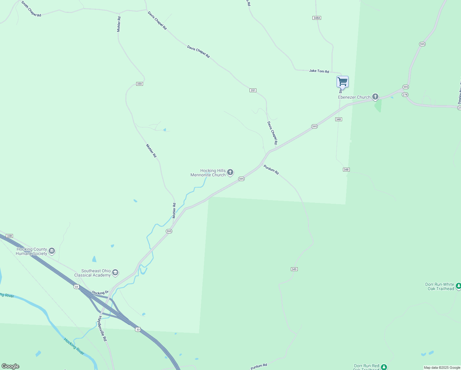 map of restaurants, bars, coffee shops, grocery stores, and more near 14806 Ohio 595 in Logan