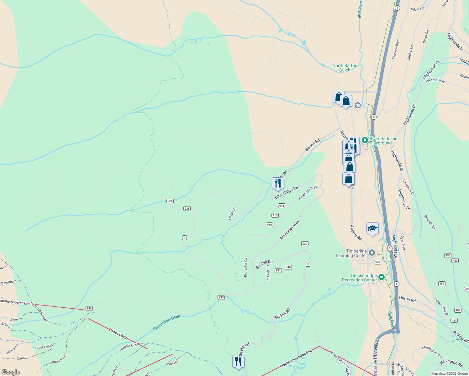 map of restaurants, bars, coffee shops, grocery stores, and more near 147 Independence Circle in Breckenridge