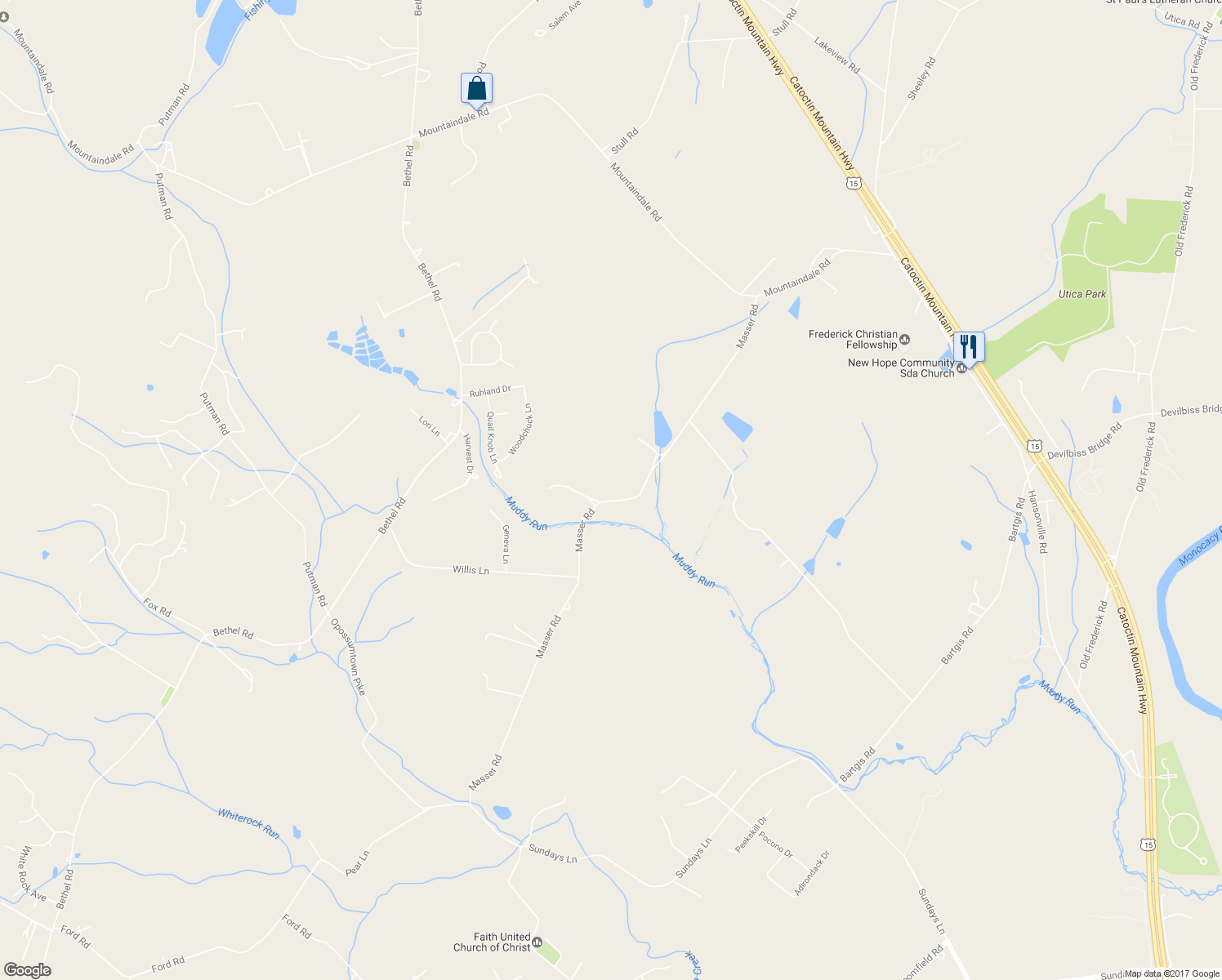 map of restaurants, bars, coffee shops, grocery stores, and more near 9920 Masser Rd in Frederick