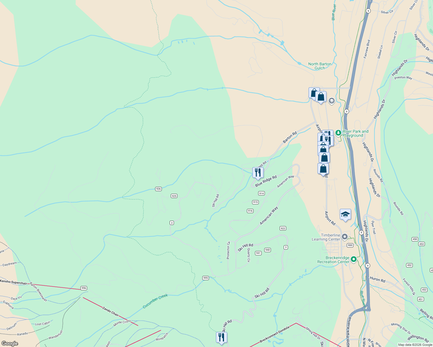 map of restaurants, bars, coffee shops, grocery stores, and more near 147 Independence Circle in Breckenridge