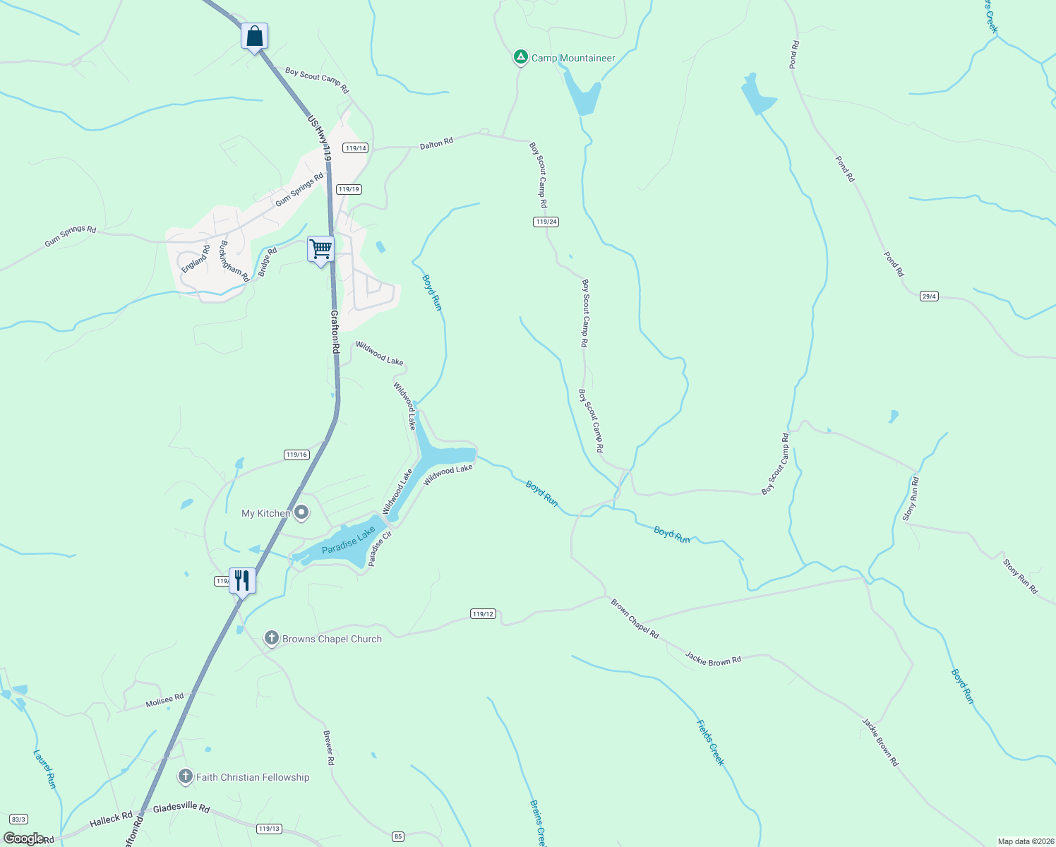 map of restaurants, bars, coffee shops, grocery stores, and more near Boy Scout Camp Road in Morgantown