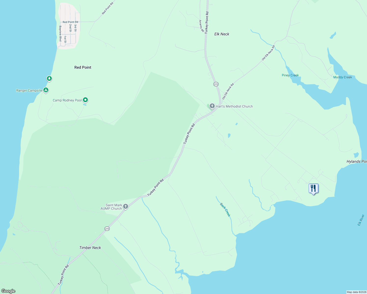 map of restaurants, bars, coffee shops, grocery stores, and more near 3384 Turkey Point Road in North East