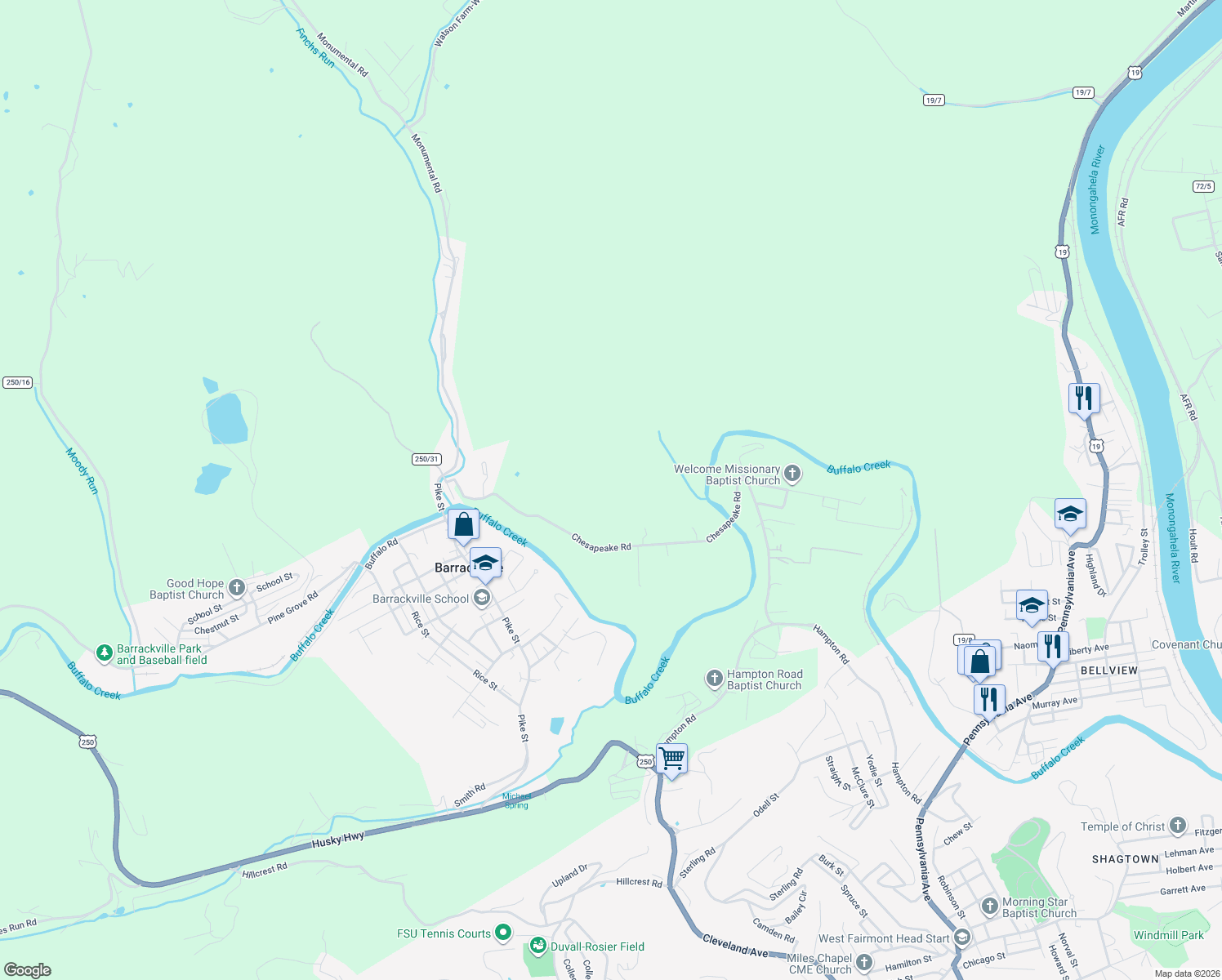 map of restaurants, bars, coffee shops, grocery stores, and more near 176 Chesapeake Road in Fairmont