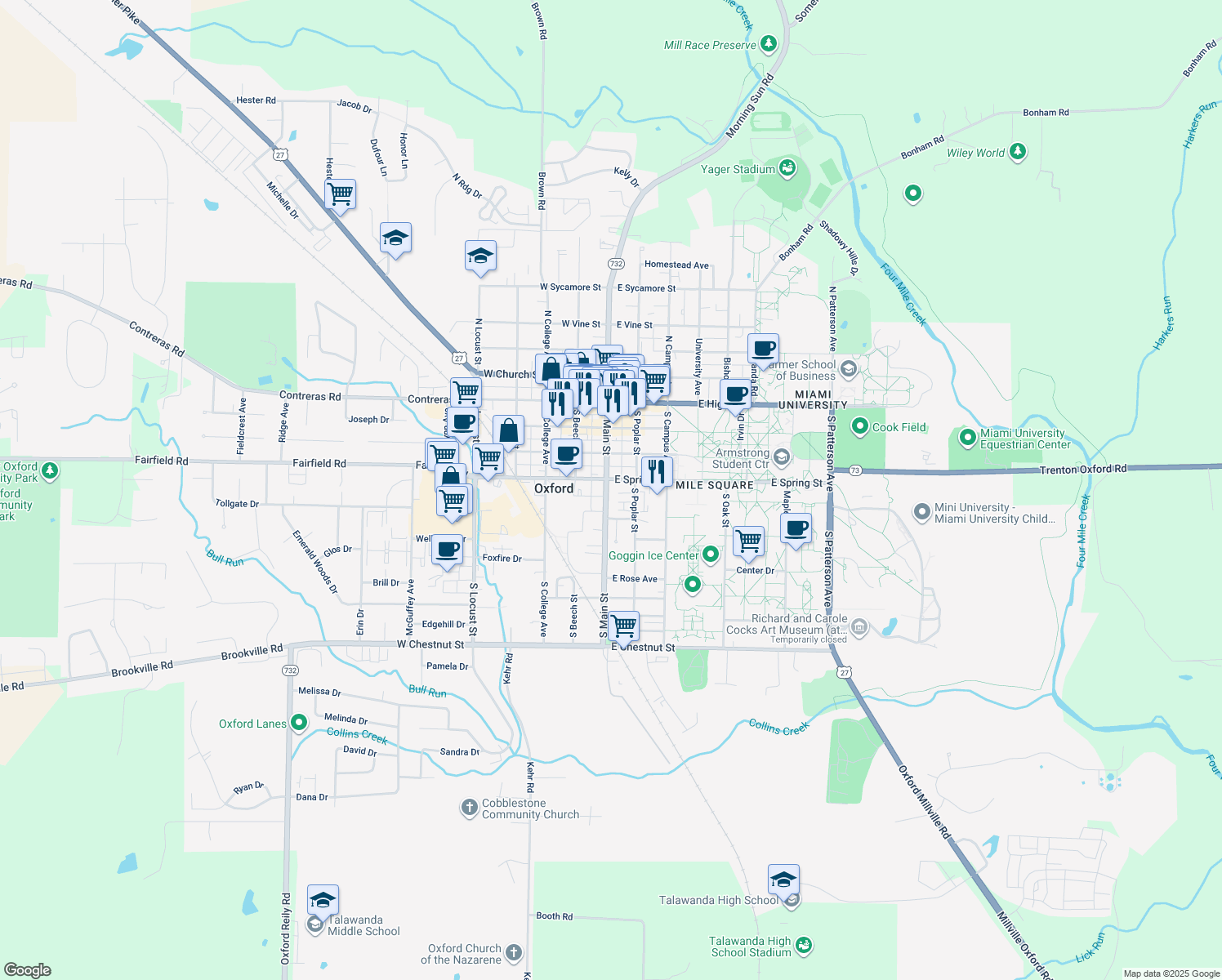 map of restaurants, bars, coffee shops, grocery stores, and more near 305 South Main Street in Oxford