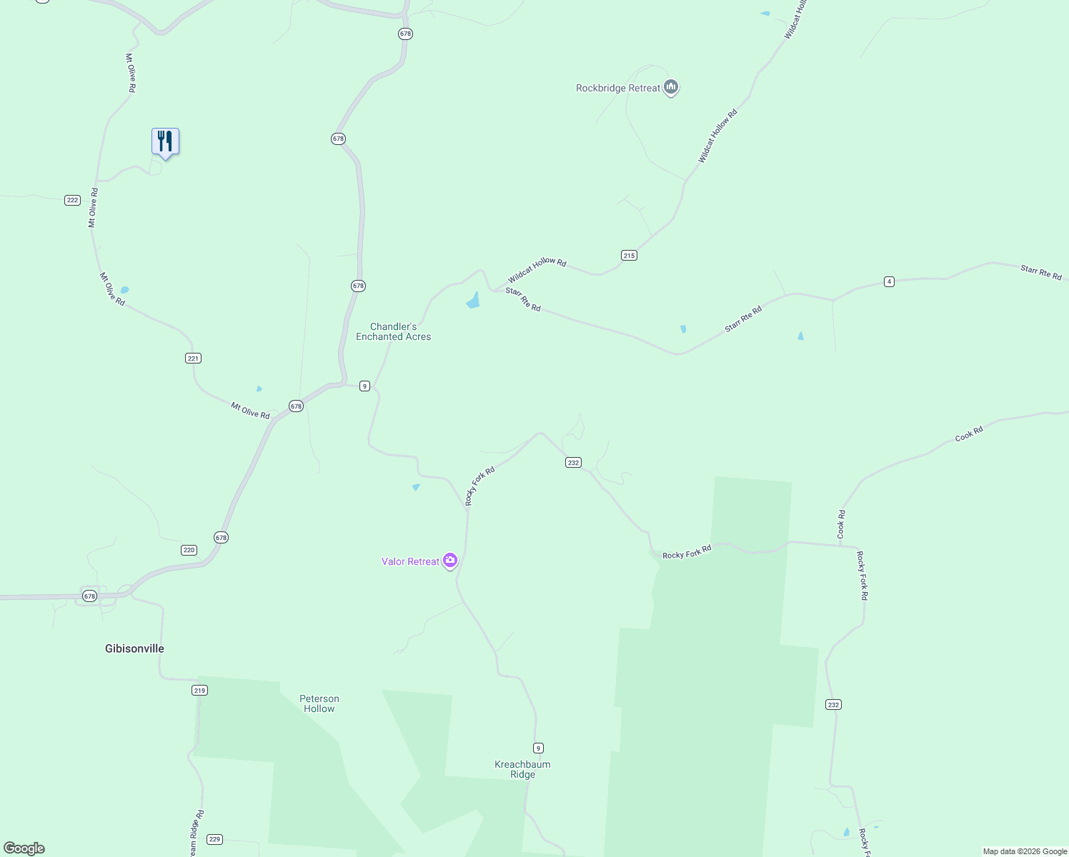 map of restaurants, bars, coffee shops, grocery stores, and more near 15693 Rocky Fork Road in Rockbridge
