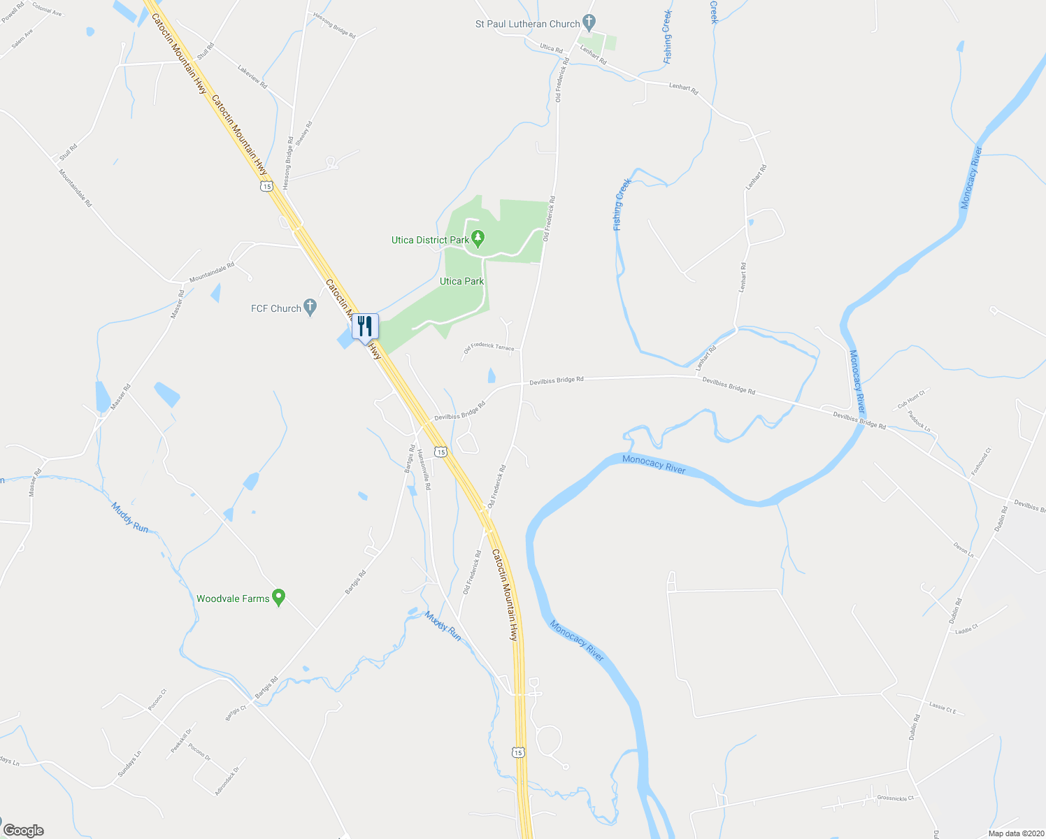 map of restaurants, bars, coffee shops, grocery stores, and more near 9925 Old Frederick Road in Frederick