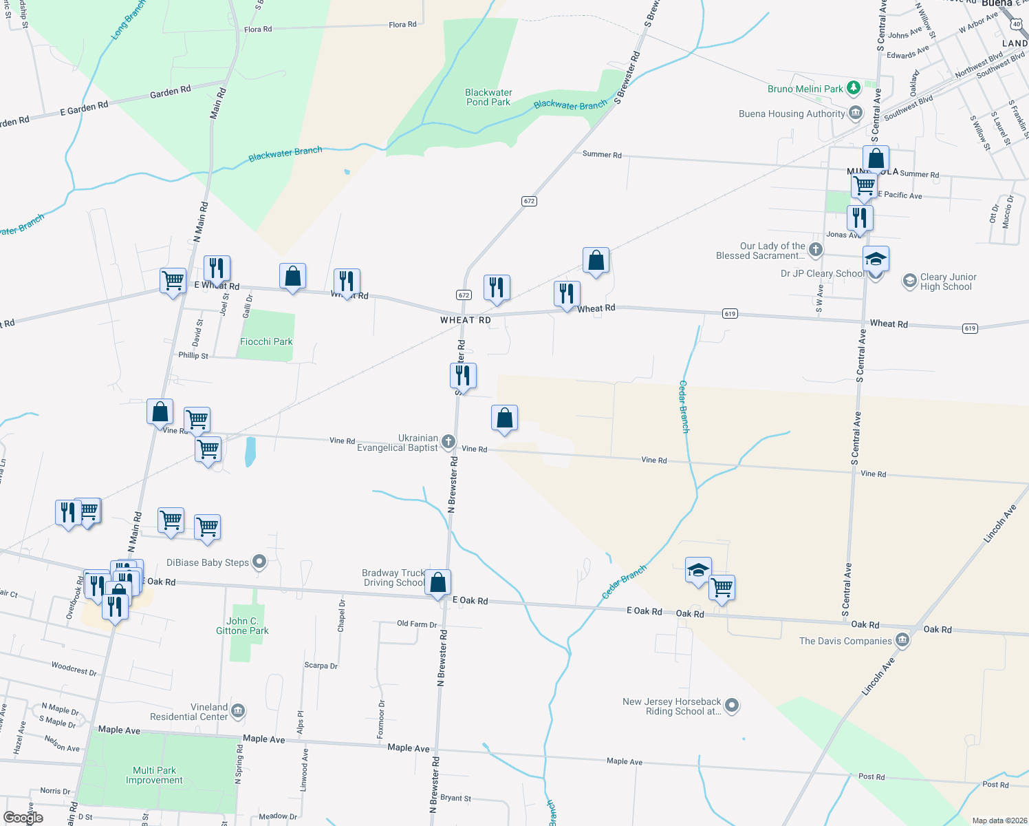 map of restaurants, bars, coffee shops, grocery stores, and more near 2820 Vine Road in Vineland