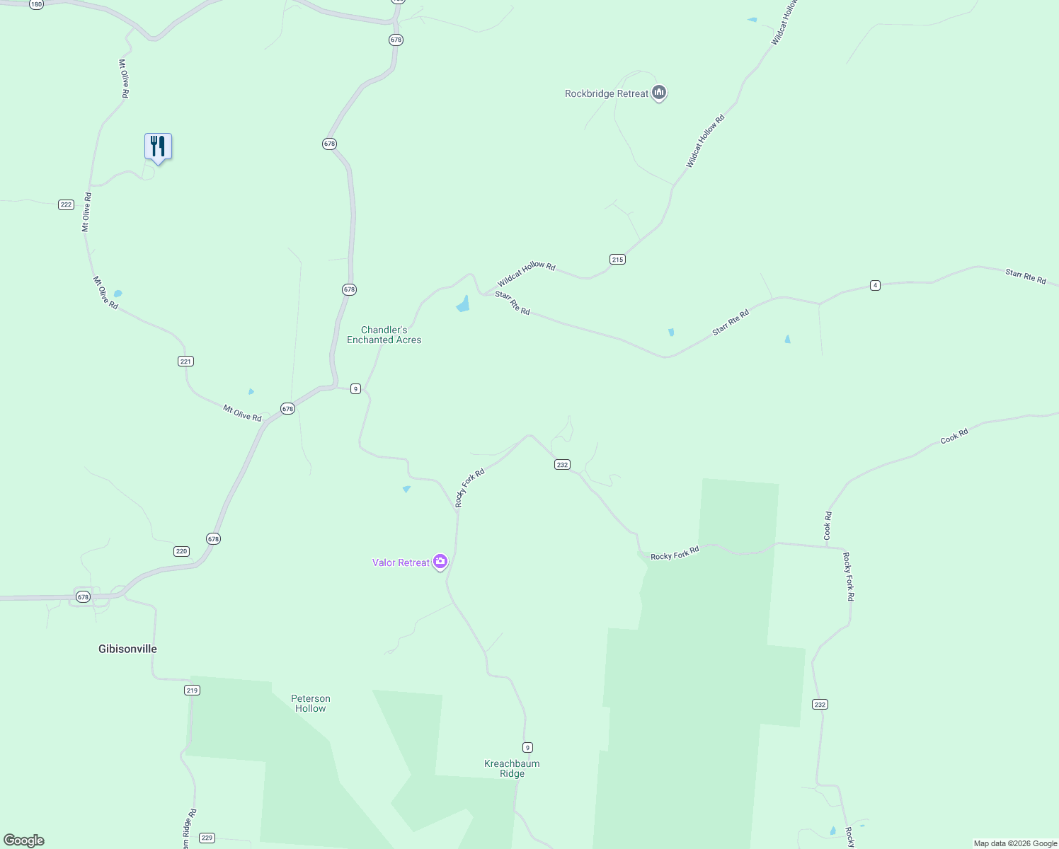map of restaurants, bars, coffee shops, grocery stores, and more near 15693 Rocky Fork Road in Rockbridge