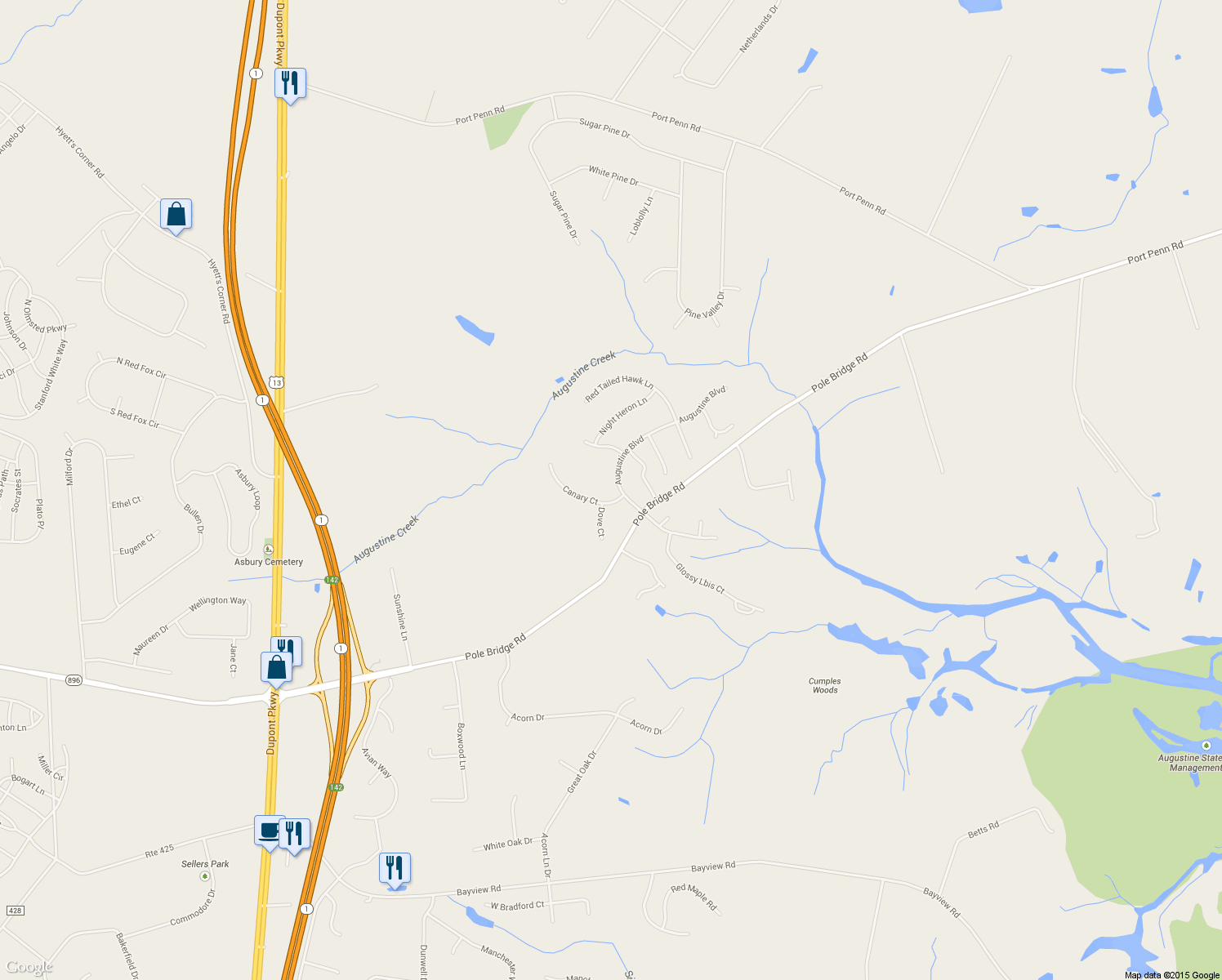map of restaurants, bars, coffee shops, grocery stores, and more near 1 Canary Ct in Middletown