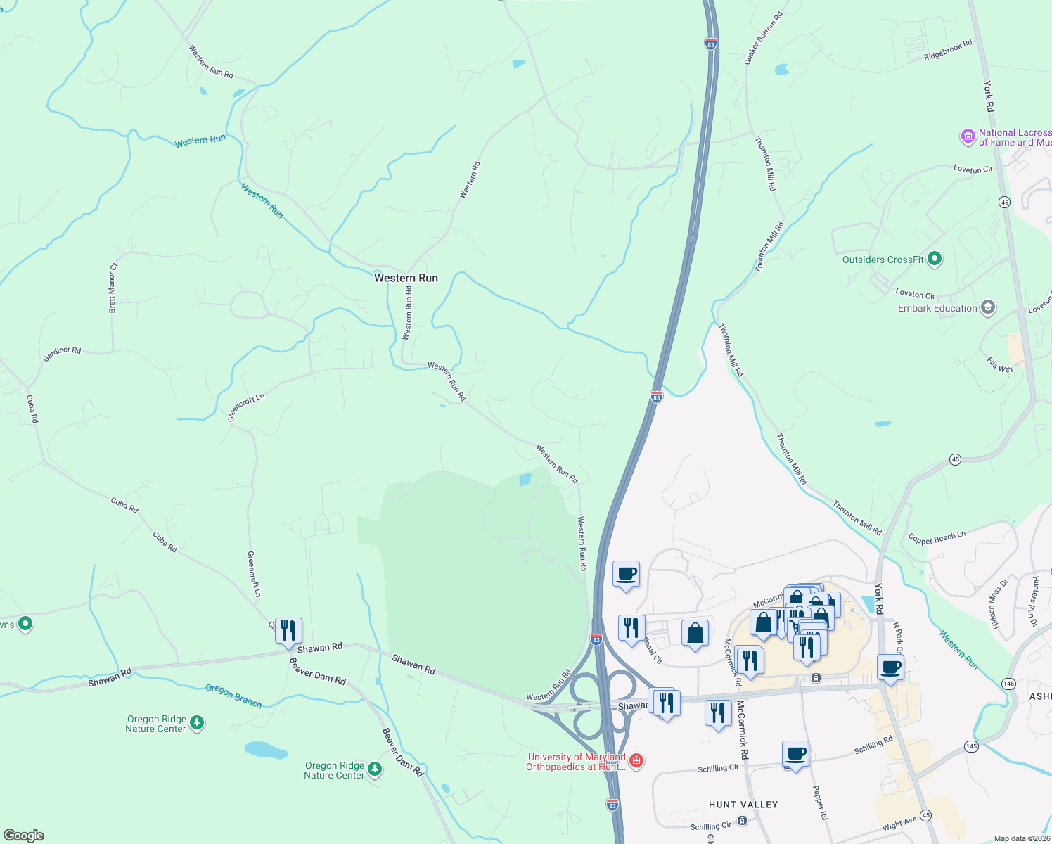 map of restaurants, bars, coffee shops, grocery stores, and more near 704 Western Run Road in Cockeysville