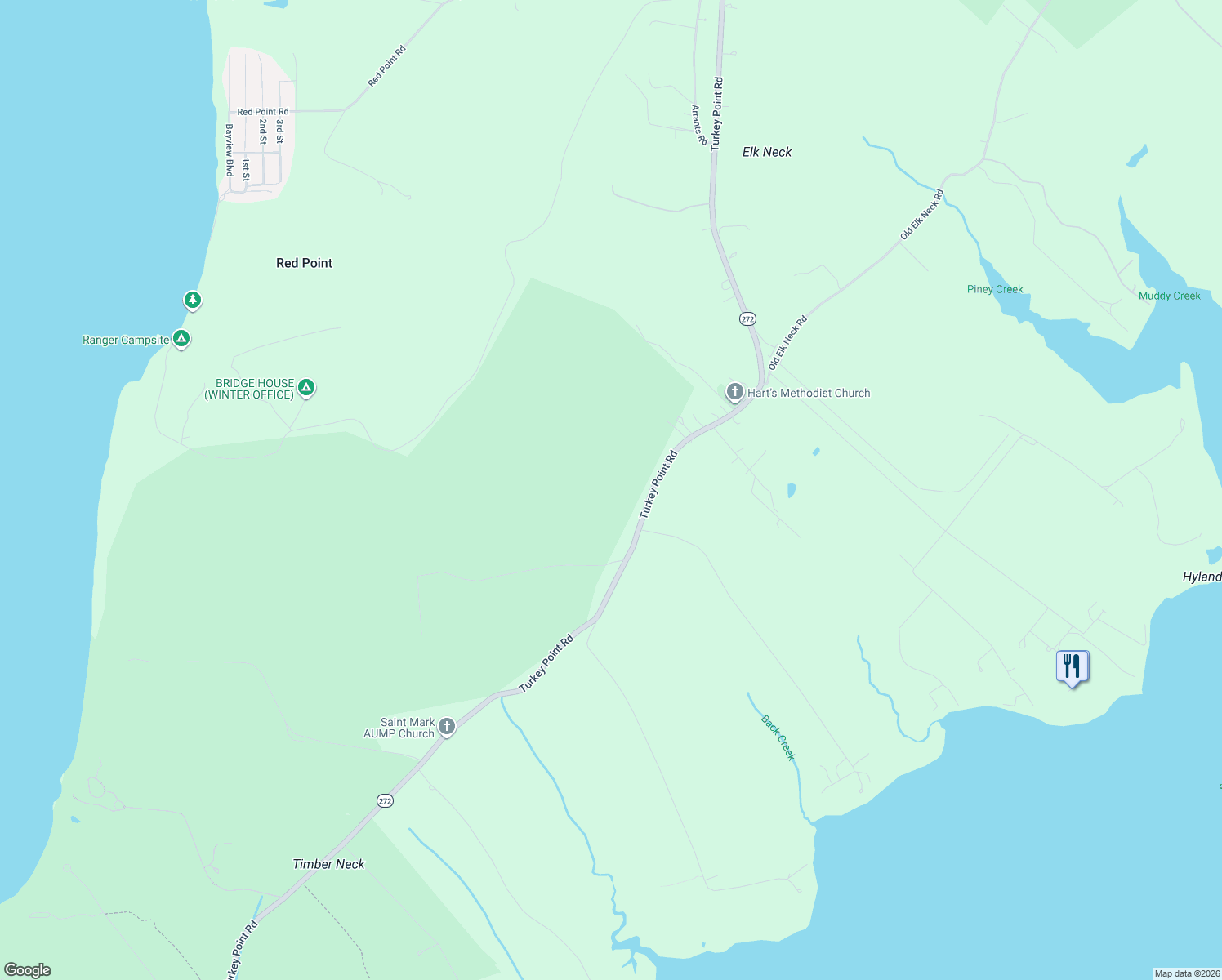 map of restaurants, bars, coffee shops, grocery stores, and more near 3495 Turkey Point Road in North East