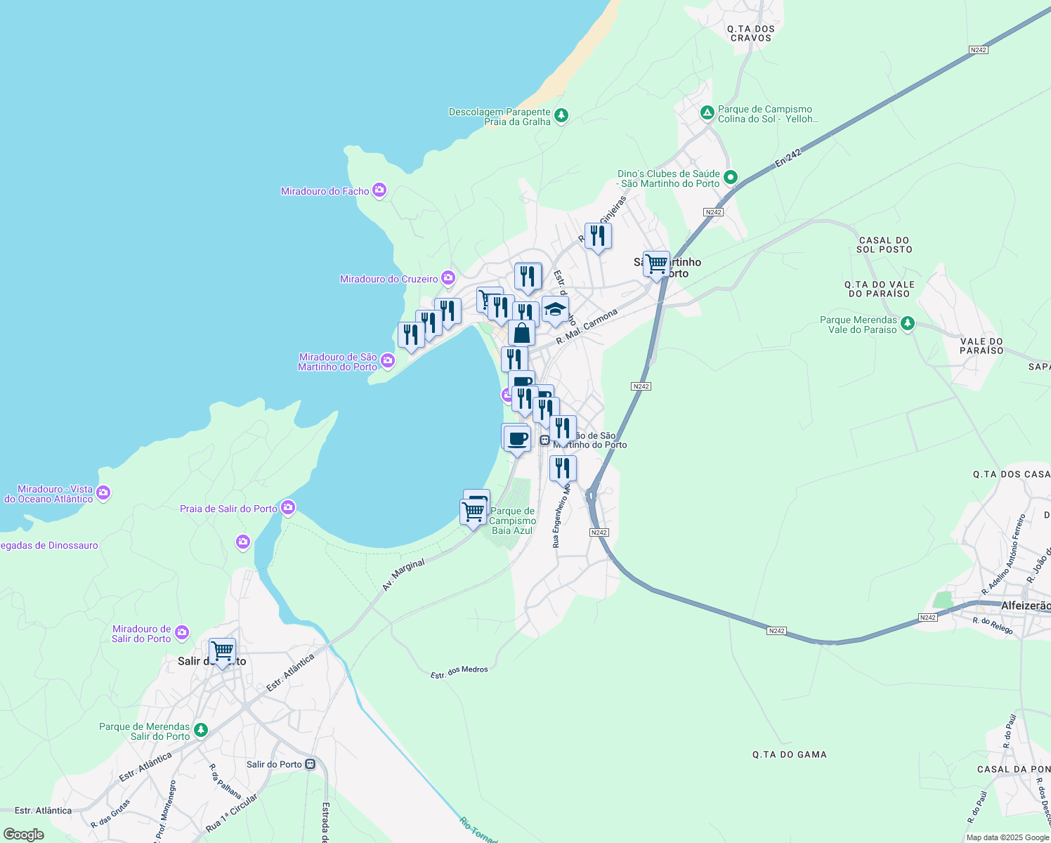map of restaurants, bars, coffee shops, grocery stores, and more near 26I Avenida Marginal in São Martinho do Porto