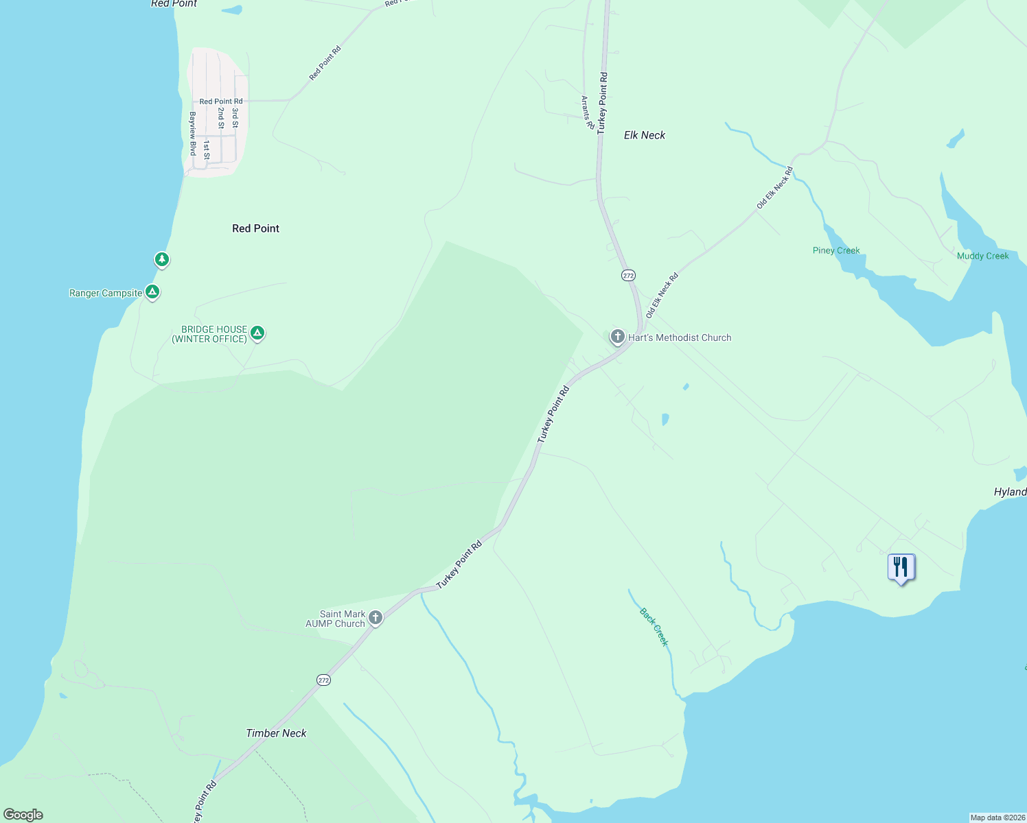 map of restaurants, bars, coffee shops, grocery stores, and more near 3495 Turkey Point Road in North East