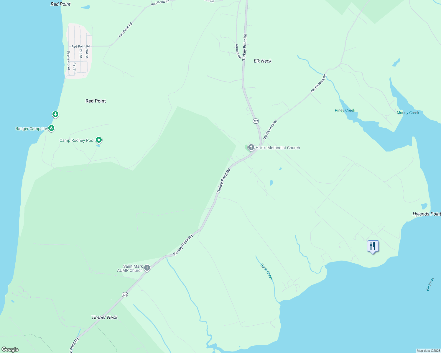 map of restaurants, bars, coffee shops, grocery stores, and more near 3312-3384 Turkey Point Road in North East