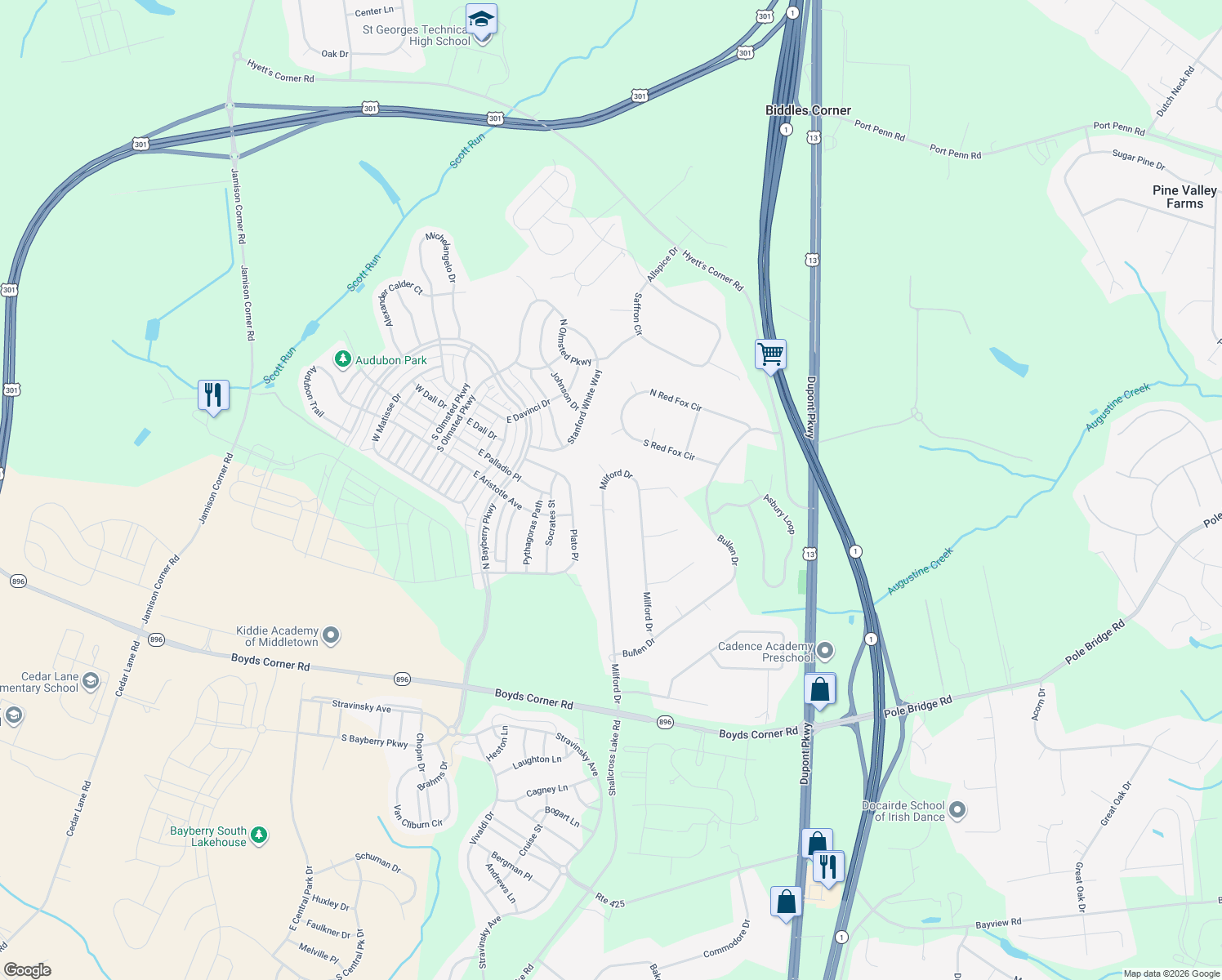map of restaurants, bars, coffee shops, grocery stores, and more near 236 Milford Drive in Middletown