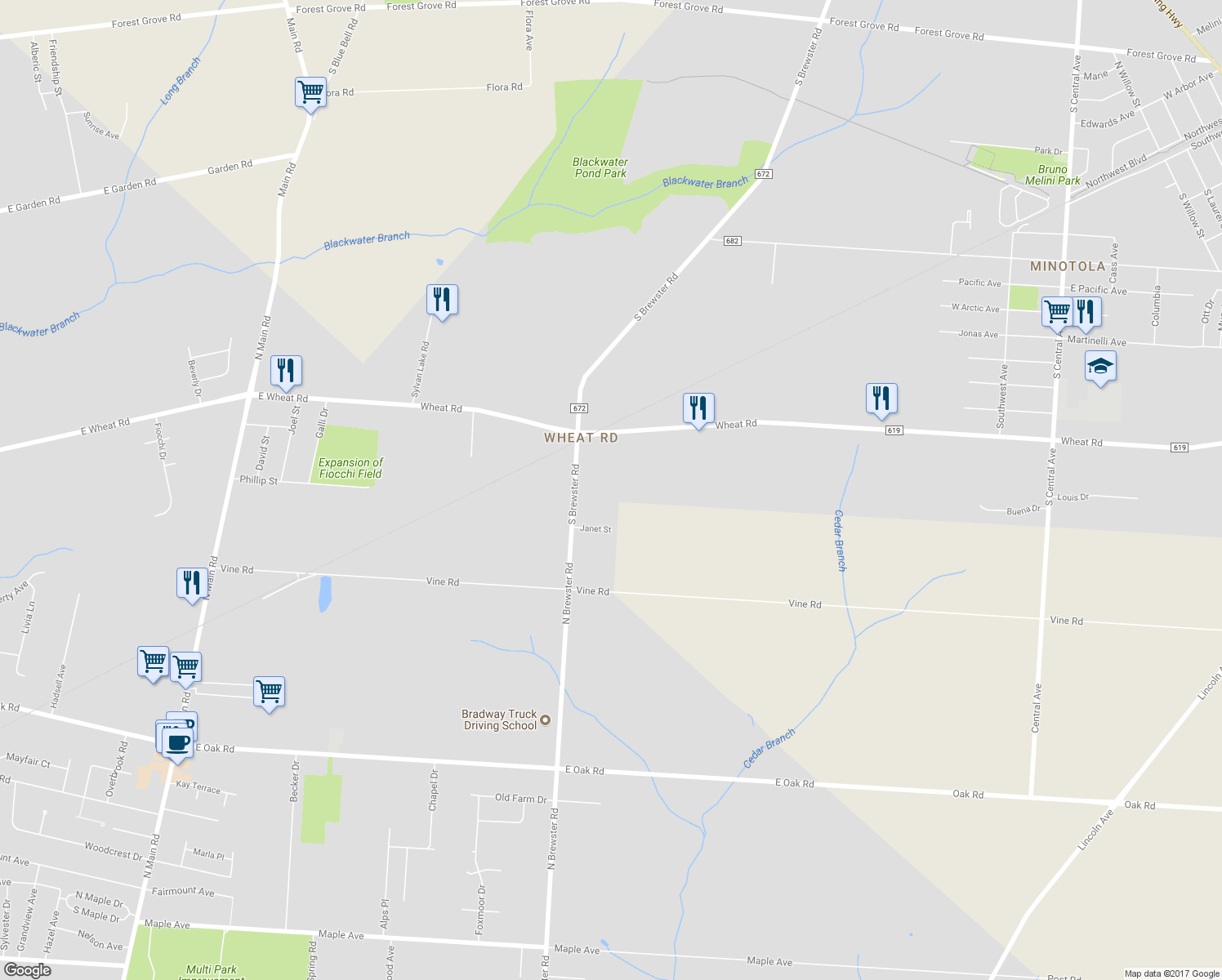 map of restaurants, bars, coffee shops, grocery stores, and more near 513 South Brewster Road in Vineland
