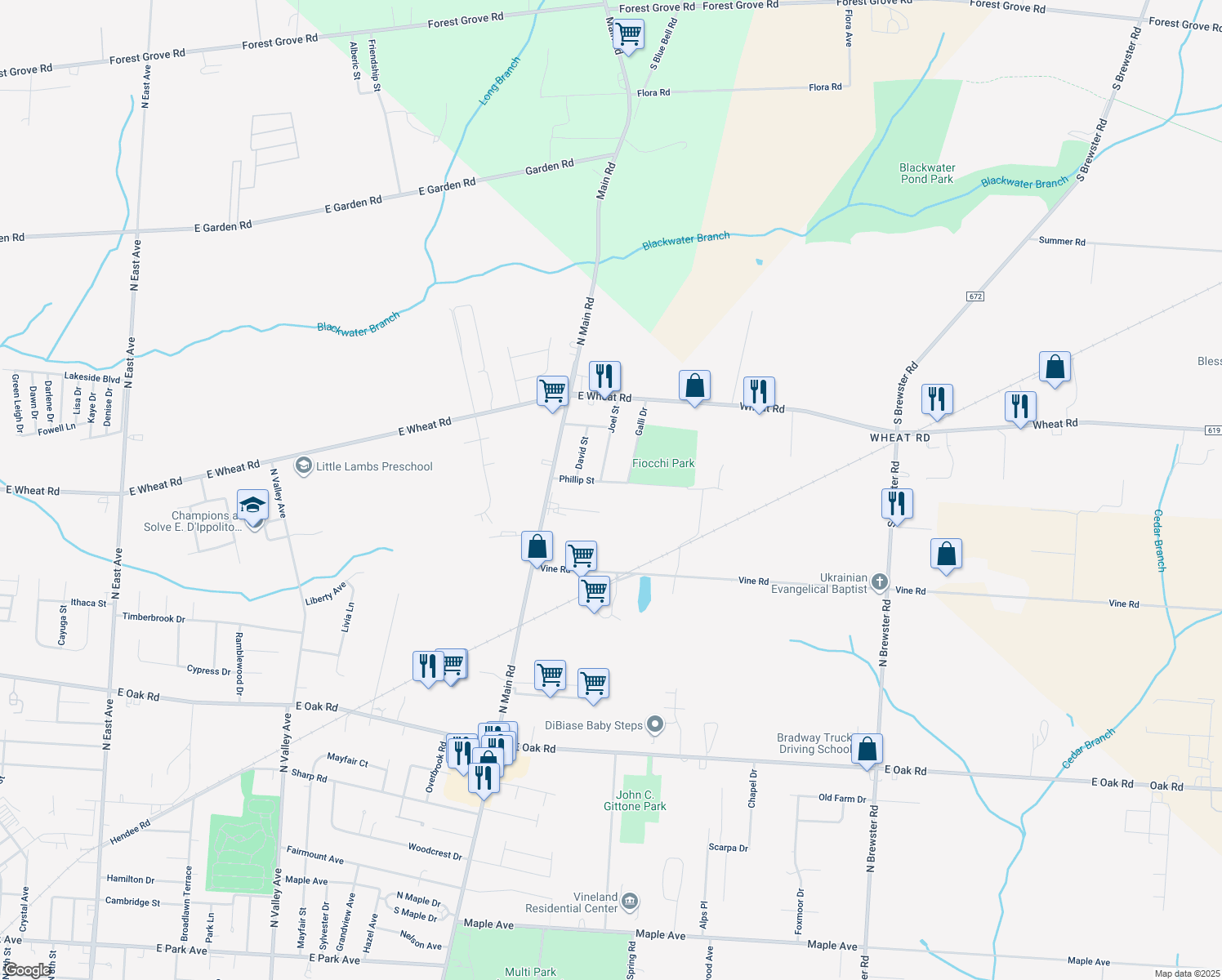 map of restaurants, bars, coffee shops, grocery stores, and more near 1875 Phillip Street in Vineland
