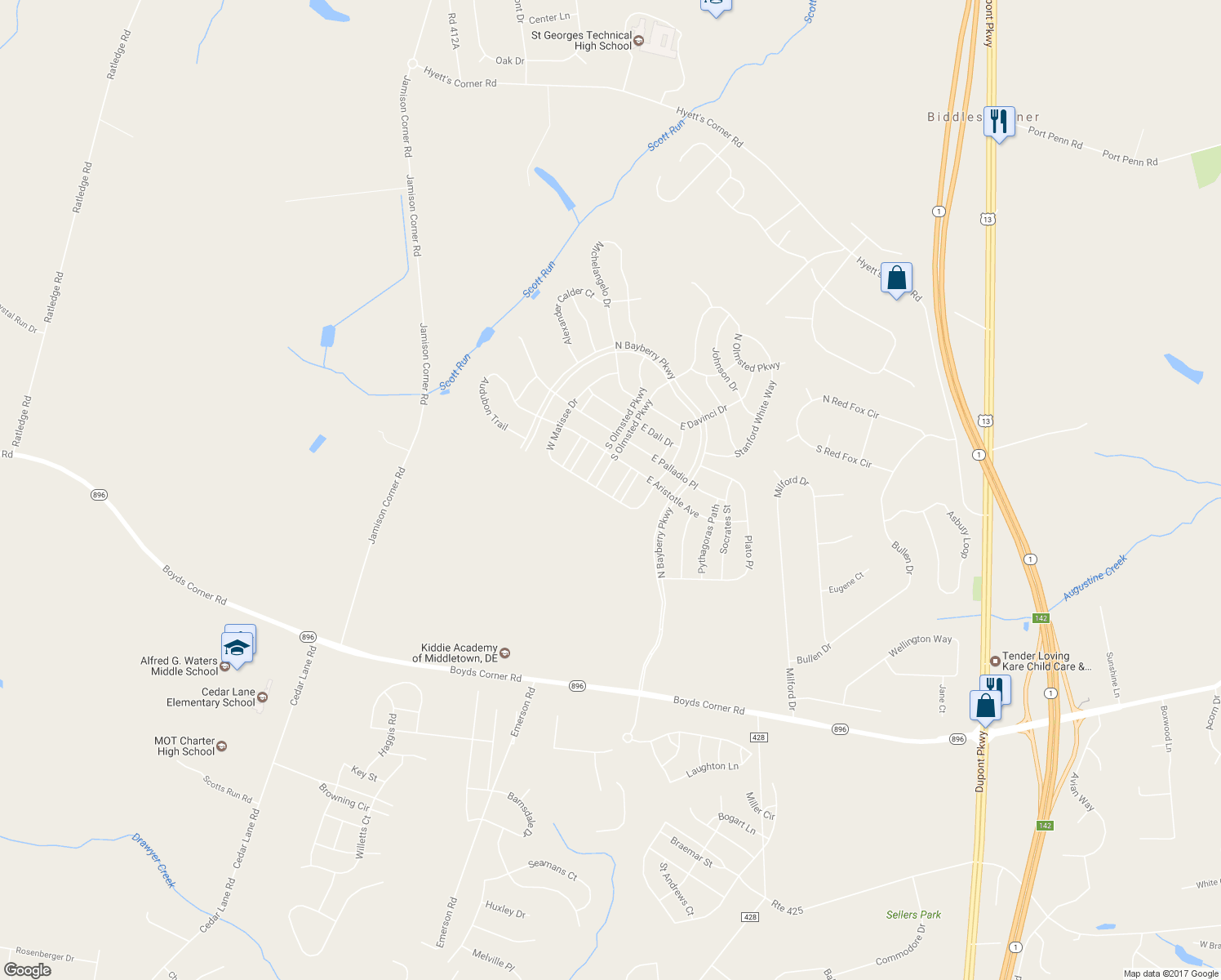 map of restaurants, bars, coffee shops, grocery stores, and more near 1803 North Pollock Way in Middletown