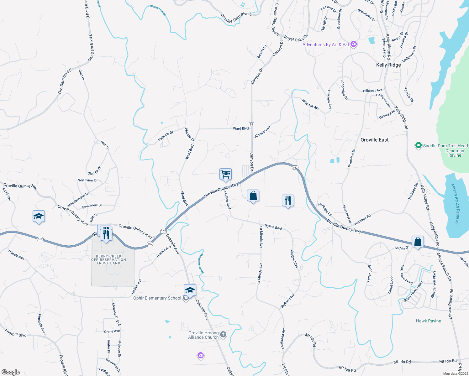 map of restaurants, bars, coffee shops, grocery stores, and more near 4620 Olive Highway in Oroville