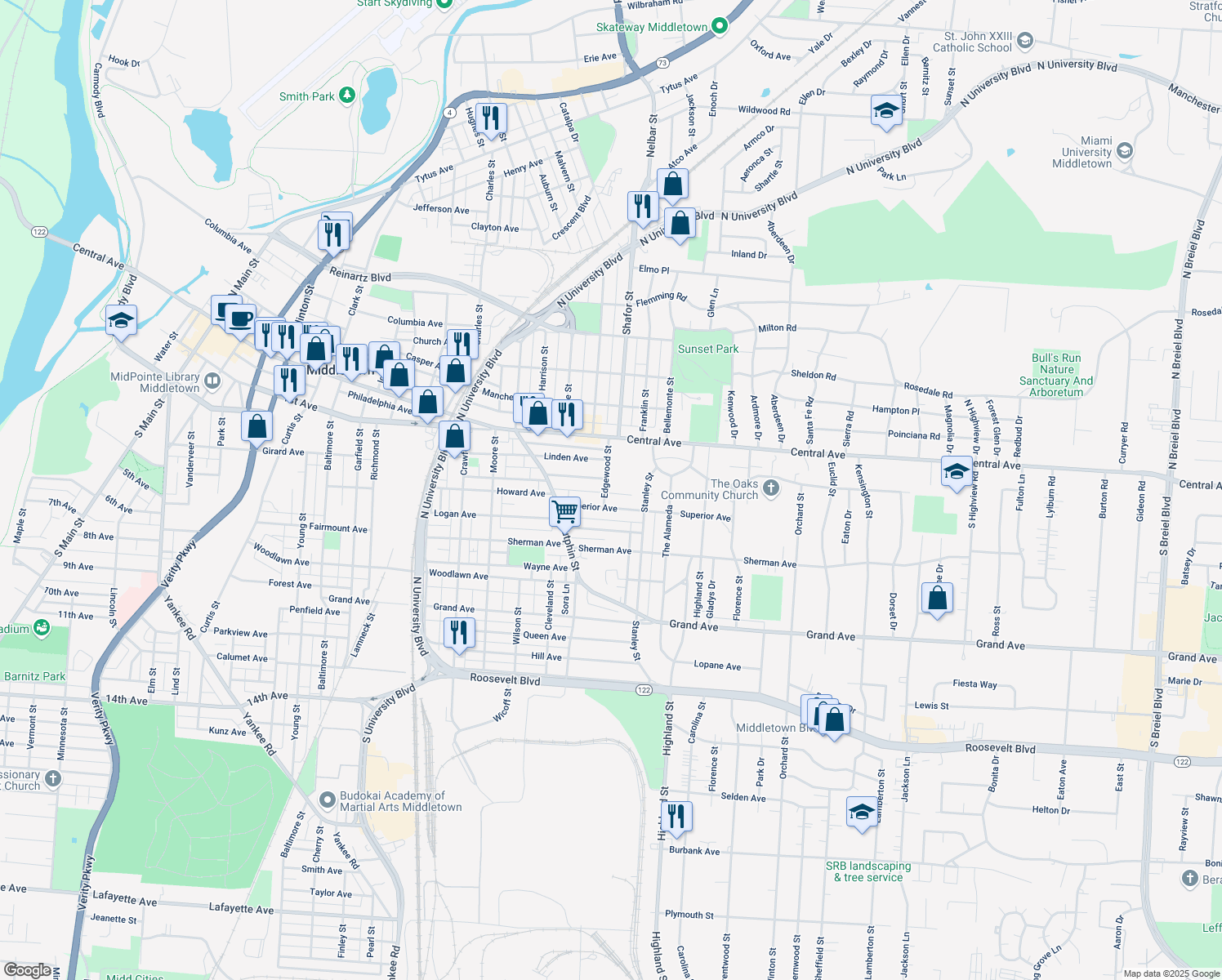 map of restaurants, bars, coffee shops, grocery stores, and more near 207 Edgewood Street in Middletown