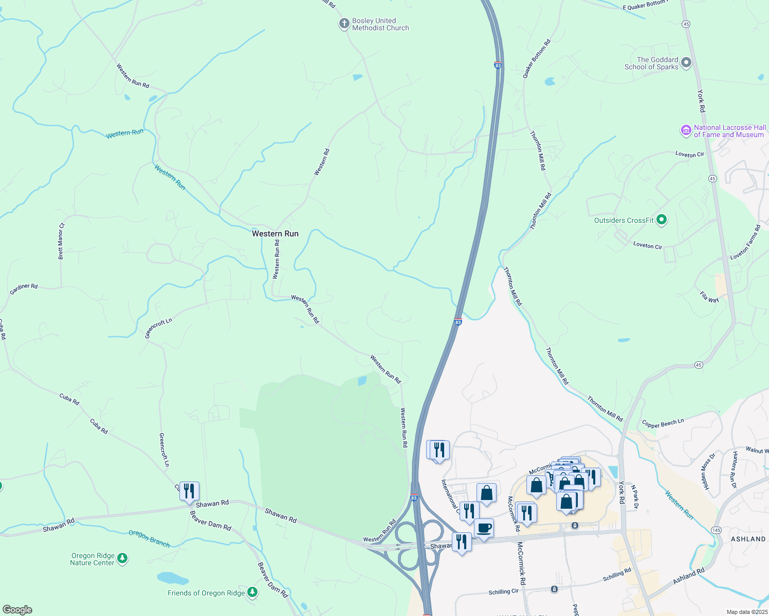 map of restaurants, bars, coffee shops, grocery stores, and more near 709 Nicholas Lane in Cockeysville
