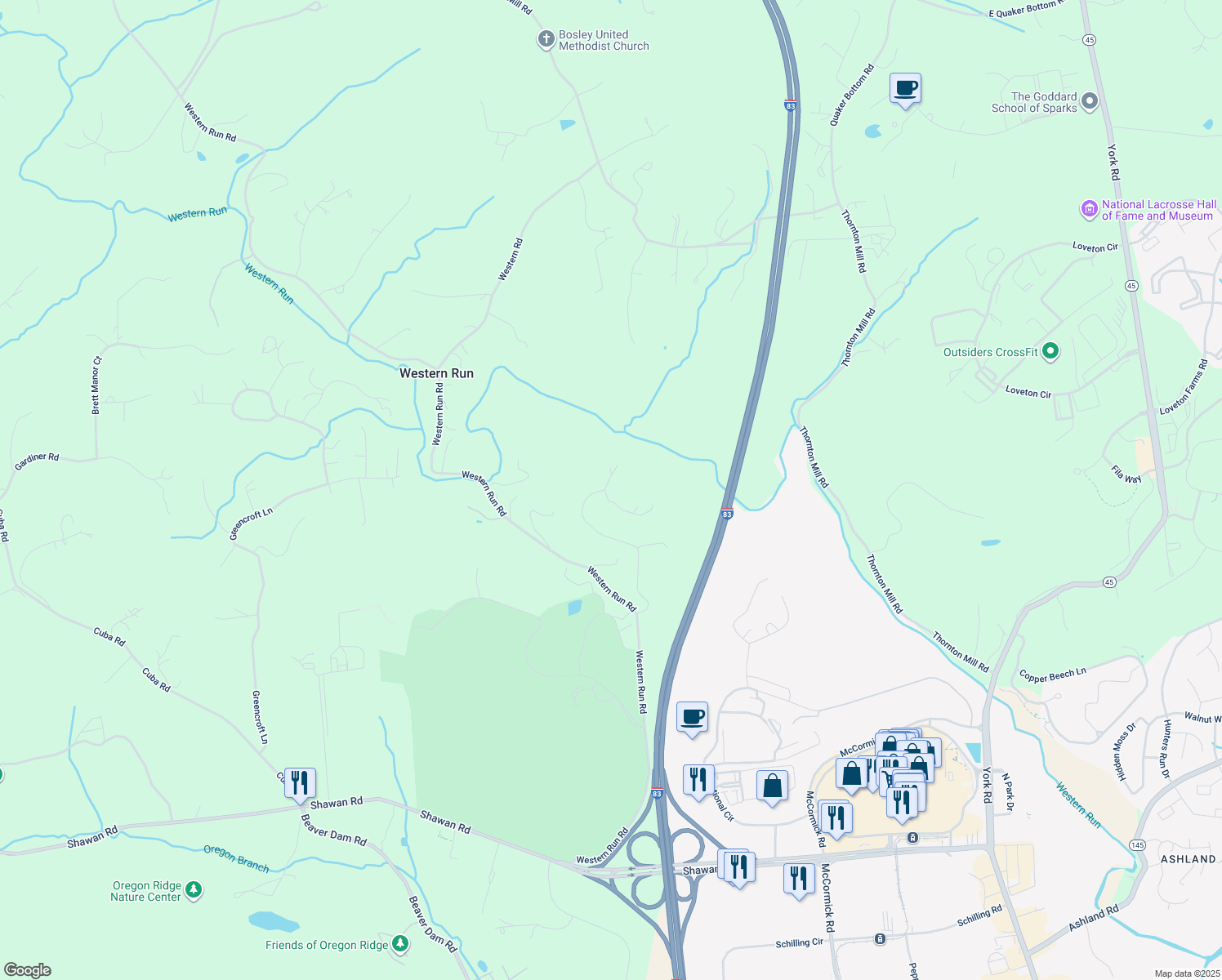 map of restaurants, bars, coffee shops, grocery stores, and more near 709 Nicholas Lane in Cockeysville