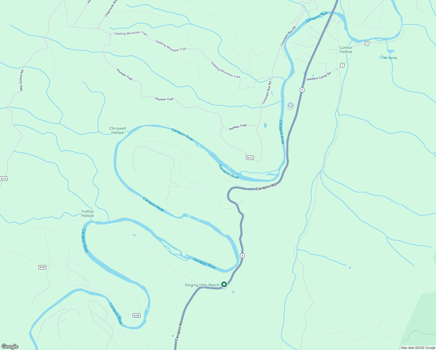 map of restaurants, bars, coffee shops, grocery stores, and more near 317 Amberwood Lane in Great Cacapon